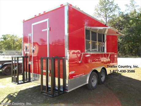 &lt;div&gt;NEW 8.5 X 16 ENCLOSED CONCESSION TRAILER&lt;/div&gt;
&lt;div&gt;&amp;nbsp;&lt;/div&gt;
&lt;div&gt;Up for your consideration is a Brand New Model 8.5x16 Tandem Axle, Enclosed Concession/Food Vending Cargo Trailer.&lt;/div&gt;
&lt;div&gt;&amp;nbsp;&lt;/div&gt;
&lt;div&gt;NOW WITH THERMO PLY CEILING LINER, L.E.D. LIGHTING PACKAGE, RADIAL TIRES + ALL the other TOP QUALITY FEATURES listed in this ad!&lt;/div&gt;
&lt;div&gt;&amp;nbsp;&lt;/div&gt;
&lt;div&gt;Standard Elite Series Features:&lt;/div&gt;
&lt;div&gt;&amp;nbsp;&lt;/div&gt;
&lt;div&gt;- Heavy Duty 6&quot; I Beam Main Frame with 2 X 6 Square Tube&lt;/div&gt;
&lt;div&gt;- Heavy Duty 1&quot; x 1 1/2&quot; Square Tubular Wall Studs &amp;amp; Roof Bows&lt;/div&gt;
&lt;div&gt;- 16&#39; Box Space + V-Nose&lt;/div&gt;
&lt;div&gt;- 16&quot; On Center Walls&lt;/div&gt;
&lt;div&gt;- 16&quot; On Center Floors&lt;/div&gt;
&lt;div&gt;- 16&quot; On Center Roof Bows&lt;/div&gt;
&lt;div&gt;- Complete Braking System (Electric Brakes on both axles, Battery Back-Up, &amp;amp; Safety Switch)&lt;/div&gt;
&lt;div&gt;- (2) 3,500lb 4&quot; &quot;Dexter&quot; Drop Axles w/ EZ LUBE Grease Fittings (Self Adjusting Brakes Axles)&lt;/div&gt;
&lt;div&gt;- 32&quot; Side Door with Bar Lock on Driver Side&lt;/div&gt;
&lt;div&gt;- 6&#39;6&quot; Interior Height&lt;/div&gt;
&lt;div&gt;- Galvalume Seamed Roof w/ Thermo Ply Ceiling Liner&lt;/div&gt;
&lt;div&gt;- 2 5/16&quot; Coupler w/ Snapper Pin&lt;/div&gt;
&lt;div&gt;- Heavy Duty Safety Chains&lt;/div&gt;
&lt;div&gt;- 7-Way Round RV Style Wiring Harness Plug&lt;/div&gt;
&lt;div&gt;- 3/8&quot; Heavy Duty Top Grade Plywood Walls&lt;/div&gt;
&lt;div&gt;- 3/4&quot; Heavy Duty Top Grade Plywood Floors&lt;/div&gt;
&lt;div&gt;- Smooth Teardrop Style Fender Flares&lt;/div&gt;
&lt;div&gt;- 2K A-Frame Top Wind Jack&lt;/div&gt;
&lt;div&gt;- Top Quality Exterior Grade Paint&lt;/div&gt;
&lt;div&gt;- (1) Non-Powered Interior Roof Vent&lt;/div&gt;
&lt;div&gt;- (1) 12 Volt Interior Trailer Dome Light w/ Wall Switch&lt;/div&gt;
&lt;div&gt;- 24&quot; Diamond Plate ATP Front Stone Guard&lt;/div&gt;
&lt;div&gt;- 15&quot; Radial (ST20575R15) Tires &amp;amp; Wheels&lt;/div&gt;
&lt;div&gt;- Exterior L.E.D. Lighting Package&lt;/div&gt;
&lt;div&gt;&amp;nbsp;&lt;/div&gt;
&lt;div&gt;Concession Package &amp;amp; Upgrades:&lt;/div&gt;
&lt;div&gt;&amp;nbsp;&lt;/div&gt;
&lt;div&gt;- 1- 3&#39; x 6&#39; Concession/Vending Window w/out Glass (Center Curbside of Trailer)&lt;/div&gt;
&lt;div&gt;- Exterior Serving Tray Under Concession Window&lt;/div&gt;
&lt;div&gt;- A/C Prewire &amp;amp; Brace&lt;/div&gt;
&lt;div&gt;- Sink Package ~ 3 Stainless Steel Sinks W/Hardware, Cabinet in Mill Finish, Handwash, 20 Gallon Fresh Water Tank, 30 Gallon Waste Water Tank, &amp;amp; 6 Gallon Hot Water Heater&lt;/div&gt;
&lt;div&gt;- Electrical Package ~ (100 Amp Panel Box w/Life Line, 4-110 Volt Interior Recepts, 2-4&#39; 12 Volt L.E.D. Strip Lights w/ Battery&lt;/div&gt;
&lt;div&gt;- Black and White Vinyl Checkered Flooring&lt;/div&gt;
&lt;div&gt;- Mill Finish Metal Walls and Ceiling Liner on Trailer Interior&lt;/div&gt;
&lt;div&gt;- Insulated Walls&lt;/div&gt;
&lt;div&gt;- 6&quot; Extra Interior Height (7&#39; total interior height)&lt;/div&gt;
&lt;div&gt;- .030 Colored Metal Exterior in Victory Red&lt;/div&gt;
&lt;div&gt;- Radial Tires&lt;/div&gt;
&lt;div&gt;- Silver Modular Wheels w/ Chrome Center Caps and Lug Nuts&lt;/div&gt;
&lt;div&gt;- Propane Cage w/ Swing Door (Front Left)&lt;/div&gt;
&lt;div&gt;- Platform for Propane Cage&lt;/div&gt;
&lt;div&gt;- Double L.E.D. Strip Tail Lights&lt;/div&gt;
&lt;div&gt;- 6&quot; X 6&quot; Rear Cable Access Door (Located Near Propane Cage)&lt;/div&gt;
&lt;div&gt;- Concession Package- 5&#39; Hood Range, Air Flow Blower, 2 Interior Range Lights, Grease Trap on Roof (No Fire Suppression System)&lt;/div&gt;
&lt;div&gt;- 36&quot; Single Access Door w/Window&lt;/div&gt;
&lt;p&gt;&amp;nbsp;&lt;/p&gt;
&lt;p&gt;* * N.A.T.M. Inspected and Certified * *&lt;br /&gt;* * Manufacturers Title and 5 Year Limited Warranty Included * *&lt;br /&gt;* * PRODUCT LIABILITY INSURANCE * *&lt;/p&gt;
&lt;p&gt;* * FINANCING IS AVAILABLE W/ APPROVED CREDIT * *&lt;/p&gt;
&lt;p&gt;&amp;nbsp;&lt;/p&gt;
&lt;p&gt;Trailer is offered @ factory direct pick up in Willacoochee, GA...We also offer Nationwide Delivery, please contact us for more information.&lt;br /&gt;CALL: 888-710-2112&lt;/p&gt;