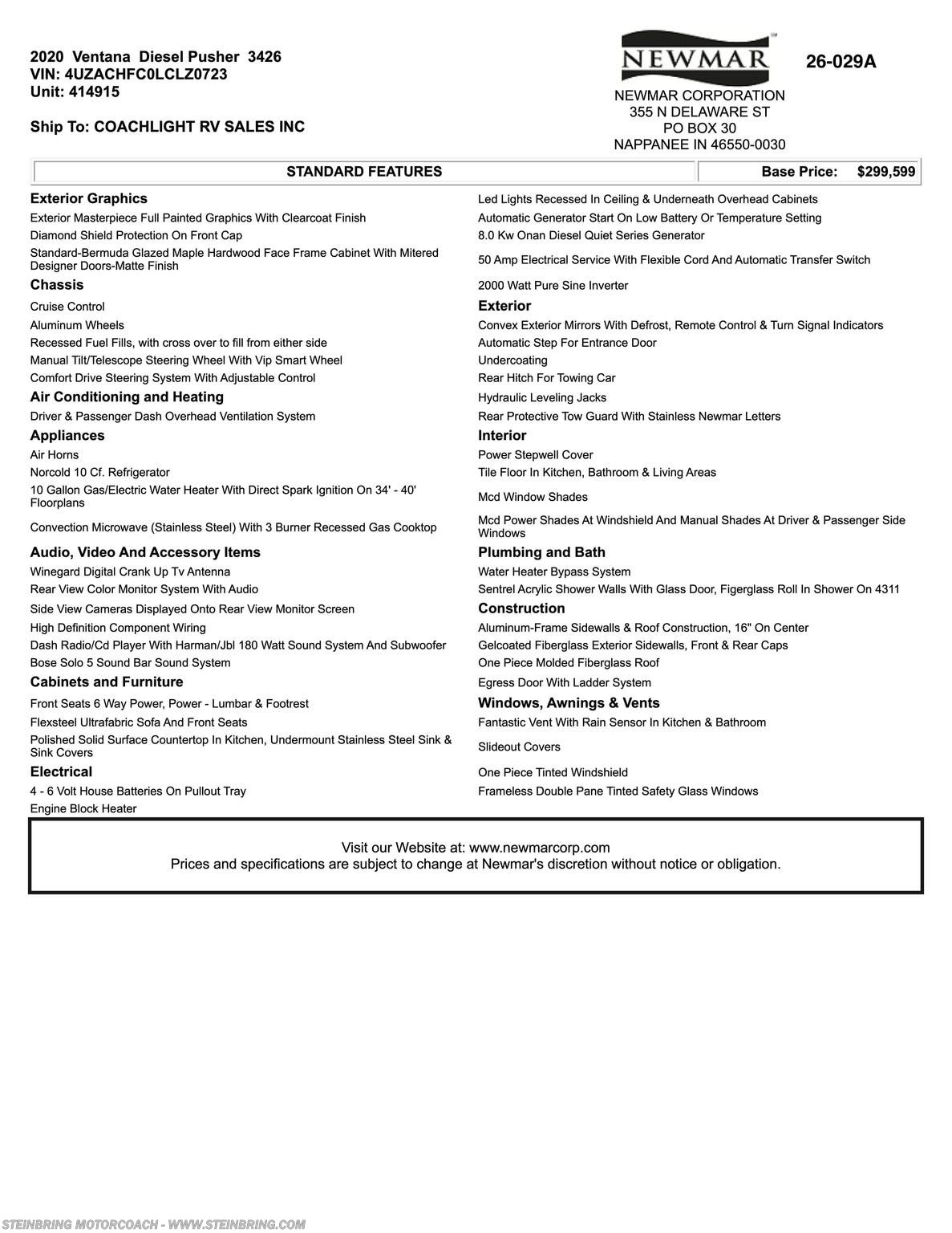 2020 Newmar Ventana 3426 - Used Class A For Sale by Steinbring Motorcoach in Garfield, Minnesota