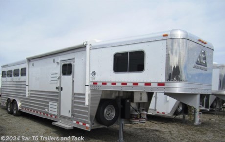 
&lt;p&gt;&lt;span style=&quot;font-family: Arial, Helvetica, sans-serif; font-size: 16px;&quot;&gt;Over $5000 OFF on this gorgeous trailer with 10&#39;8&quot; spacious living quarters done by Outback Custom Interiors.&lt;/span&gt;&lt;/p&gt;
&lt;p&gt;&lt;span style=&quot;font-family: Arial, Helvetica, sans-serif; font-size: 16px;&quot;&gt;&lt;span style=&quot;font-weight: bold; font-size: 16px;&quot;&gt;Standard Features&lt;/span&gt;&lt;br /&gt;
		- All Aluminum&amp;nbsp;&lt;br /&gt;
		- 7000# Torsion Axles &lt;br /&gt;
		- 8 hole Steel mod wheels &lt;br /&gt;
		- LT235/85R16 LR &quot;E&quot; 10 ply tires&lt;br /&gt;
		- Aluminum slats &amp;amp; fenders w/ white skin &amp;amp; stainless steel on nose&amp;nbsp;&lt;br /&gt;
		&lt;br /&gt;
		&lt;span style=&quot;font-weight: 700; font-size: 16px;&quot;&gt;Horse Area&lt;/span&gt;&amp;nbsp;&lt;br /&gt;
		- Drop down doors w/drop down bars on head side, windows butt side &lt;br /&gt;
		- Escape door at 1st stall w/drop down feed door&lt;br /&gt;
		- 3 mangers w/3 access doors &lt;br /&gt;
		- Stud divider at 1st stall&lt;br /&gt;
		- Collapsible rear tack&lt;br /&gt;
		- 3 blanket bars on swing out rack&lt;br /&gt;
		- 4 saddle racks on removable post&lt;br /&gt;
		- 2 brush trays&lt;br /&gt;
		- 10 bridle hooks&lt;br /&gt;
		- 4 roof vents&lt;br /&gt;
		- Fully double walled &amp;amp; insulated&lt;br /&gt;
		- Rubber lined, &amp;amp; padded&lt;br /&gt;
		- Double rear doors with cam locks&lt;br /&gt;
		- LED load light at rear&lt;br /&gt;
		- Spare tire&lt;br /&gt;
		- Axles are blocked 2&quot; for holding tank clearance&lt;br /&gt;
		- Gooseneck lowered for more bed area clearance&lt;br /&gt;
		- Dual propane tanks&lt;br /&gt;
		- Dual battery aluminum box w/1 battery wired in&lt;br /&gt;
		- Equalizer electric/hydraulic jack&lt;br /&gt;
		- 10 ply tires.&lt;br /&gt;
		- Skinned hay rack and ladder&lt;br /&gt;
		- Top rail: welded one piece gussets 3/16” thickness&amp;nbsp;&lt;br /&gt;
		- Rear frame is supported by a 21/2” x 5” upper header up to a 1/4” thick&lt;br /&gt;
		- Top Rail: 5” radius rail with an overall height of 8” and a material thickness of 3/16”&lt;br /&gt;
		- Roof Construction: The Elite roof is constructed with 1” x 21/2” posts strategically placed to ensure maximum strength - arched to keep water from standing on the roof,&amp;nbsp;producing a taut roof sheet and allows for more head room in the center of the trailer. Elite’s one piece roof sheet is made of 3003 H16 aluminum and at .040&amp;nbsp;thick is 25% thicker than the roof sheet used by most other manufacturers.&lt;br /&gt;
		Bottom rail: Height of 9 1/2”, and a thickness of 3/16”, Elite’s bottom rail is one of the biggest in the industry.&amp;nbsp;&lt;br /&gt;
		Flooring: Elite’s horse trailer floor structure consists of 4” I – Beams on 12” centers. The I – Beam is 4” in height with an upper 21/2” flange that is welded o the floor and a lower 3” flange that is welded to the bottom rail. Elite utilizes a 5052 marine grade sheet floor on top of the structure to provide longer lasting&amp;nbsp;protection against corrosive factors such as horse or livestock urine. The seams and perimeter are welded out to add strength and ensure against leakage.&lt;br /&gt;
		- LED Lighting throughout&amp;nbsp;&lt;/span&gt;&lt;/p&gt;
&lt;p&gt;&lt;span style=&quot;font-family: Arial, Helvetica, sans-serif; font-size: 16px;&quot;&gt;&lt;span style=&quot;font-weight: bold; font-size: 16px;&quot;&gt;Living Quarters - 10&#39;8&quot;&lt;/span&gt;&lt;br /&gt;
		- Outback Custom L.Q. &lt;br /&gt;
		- Pre-wire for generator&lt;br /&gt;
		- Double insulation&lt;br /&gt;
		- Alder cabinets&lt;br /&gt;
		- Crown moldings throughout&lt;br /&gt;
		- Solid wood window frames&lt;br /&gt;
		- Soft touch walls &amp;amp; ceiling&lt;br /&gt;
		- 70&quot; deluxe sofa/sleeper w/table&lt;br /&gt;
		- Overhead Cabinets above sofa&lt;br /&gt;
		- Designer linoleum floor&lt;br /&gt;
		- 6.0 CU FT refrigerator&lt;br /&gt;
		- 1.7 cu.ft. microwave oven&lt;br /&gt;
		- Flush mount 2-burner cook top&lt;br /&gt;
		- Stainless kitchen sink&lt;br /&gt;
		- Ducted air conditioner&lt;br /&gt;
		- Ducted furnace&lt;br /&gt;
		- Pleated shades&lt;br /&gt;
		- Upgraded valances&lt;br /&gt;
		- Shirt closets for tons of storage in bed area&lt;br /&gt;
		- Queen size mattress&lt;br /&gt;
		- Hot water heater&lt;br /&gt;
		- AM/FM/CD/DVD stereo with interior &amp;amp; exterior speakers&lt;br /&gt;
		- Full TV Cabinet w/22&quot; Built In LCD TV w/DVD and swing arm&lt;br /&gt;
		- Systems monitor&lt;br /&gt;
		- Pocket door to bathroom&lt;br /&gt;
		- Porcelain toilet&lt;br /&gt;
		- Radius shower w/sliding door&lt;br /&gt;
		- Skylight over shower&lt;br /&gt;
		- Fantastic vent w/power dome&lt;br /&gt;
		- Full length mirror&lt;br /&gt;
		- Vanity sink w/medicine cabinet&lt;br /&gt;
		- Large hanging closet &lt;br /&gt;
		- Walk thru door to horse area&amp;nbsp;&lt;br /&gt;
		- Porch light&lt;br /&gt;
		- LED exterior grab handle&lt;br /&gt;
		- Fold up step&lt;br /&gt;
		- Electric awning w/alum a guard&lt;br /&gt;
		- 40 gal. fresh water tank&lt;br /&gt;
		- 30 gal. gray/black holding tanks&lt;br /&gt;
		- 12v. on demand water pump&lt;br /&gt;
		- Sewer hose and carrier&lt;br /&gt;
		- Exterior water faucet&lt;br /&gt;
		- Gas, CO, smoke detector&lt;br /&gt;
		- Fire extinquisher&lt;br /&gt;
		- Battery disconnect switch&lt;br /&gt;
		- 55 amp converter&lt;br /&gt;
		- Wall sconces&lt;br /&gt;
		- Exterior receptacle&lt;br /&gt;
		- 12v. reading lights, high intensity lighting&lt;br /&gt;
		- Hanging closets w/countertop in front of gooseneck&lt;br /&gt;
		- Wooden hat rack to match cabinets&lt;br /&gt;
		- Oil rubbed hardware and lighting throughout&lt;/span&gt;&lt;/p&gt; 
