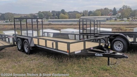 NEW 2023 CAM SUPERLINE 7x18 HD Tandem Axle Tubular Top Rail Powdercoated Utility Trailer w/ 5&#39; Spring Assist/ Lay Down Ramp
10K TANDEM AXLE UTILITY TRAILER
The 10K Tandem Axle Utility Trailer from CAM Superline was designed to haul small tractors, compact equipment, and side-by-sides. The 10K Utility Trailer features a 7K Drop-Leg Jack, Rub Rails, and a Reinforced 4&#39; Spring-Assist Laydown Gate. This trailer offers an optional 5&#39; Spring Assist Gate that provides you with a smaller load angle making it easier to load and unload your equipment.
9900#GVWR
2440#UNLADEN
7460#PAYLOAD
Model#STP8218TAT-B-100
SPECS:
Frame: 5 x 3 x 1/4&quot; Angle
Crossmembers: 3 x 2 x 3/16&quot; Angle
Top Rail: 2x2 Square Tube
Tongue: 5&quot; Channel (A-Frame)
Uprights: 2x2 Square Tube
Coupler: Adjustable 2 5/16&quot; Ball Coupler or Pintle Ring
Jack: 7k bolt On Drop Leg Jack
Fenders: Diamond Plate
Axles: 5200lb Greased
Suspension: Equalized Leaf Spring
Tires: 22575R15 LRD
Wheels: 15&quot; Spoke
Decking: Pressure Treated Pine Decking
Lights: LED Lights - Rubber Mounted
Electric Plug: 7 Pole RV Molded Flat Blade
Finish: PPG INdustrial Polyurethane Paint
Overall Length: 270&quot;
Bed Length: 216&quot;
Bed Width: 81.5&quot;
Deck Height: 20&quot;
Coupler Height: 14.5&quot;-23.5&quot;
Gate: 2 x 2 Tube, Mesh Covered, Full Width Spring Assist Ramp Gate with Handle
FEATURES
Tube Uprights and Top Railing
Adjustable 2-5/16&quot; Ball Coupler or Pintle Ring
Zip Breakaway System
7K Set-Back Jack
4&#39; Spring-Assist Laydown Gate
Diamond Plate Fenders
Electric Brake Axles (2)
Radial Tires
Silver Wheels
Epoxy Primer
Polyurethane Paint Finish
Pressure-Treated Pine Decking
Spare Tire Mount
Rub Rail
Sealed Harness
LED Lights - Rubber Mounted
Three Year Warranty
WE ARE YOUR ONE STOP SHOP FOR ALL PENNDOT PAPERWORK, FINANCING &amp; INSPECTIONS WHEN YOU PURCHASE A TRAILER HERE AT SMOUSE&#39;S.
** FINANCING AVAILABLE FOR THOSE WHO QUALIFY
** FULL SERVICE CENTER TO INCLUDE INSPECTION,REPAIRS &amp; MODIFICATIONS
** WE STOCK TRAILER PARTS AND ACCESSORIES
** NEED A BRAKE CONTROL? WE INSTALL YOUR BREAK CONTROL WHILE WE ARE DOING YOUR PAPERWORK (IF TRUCK IS PREWIRED) ON YOUR NEW TRAILER.
** WE ARE A MEMBER OF COSTARS
_ WE ACCEPT CASH-CHECK, VISA &amp; MASTERCARD _
*Price, if shown, does not include government &amp; PENNDOT fees, taxes, dealer document preparation charges or any finance charges (if applicable). FOB Mt Pleasant, Pa
Final actual sales price will vary depending on options or accessories selected.
NOTE: Models with a price of &quot;Request a Quote&quot; are always included in a $0 search, regardless of actual value
