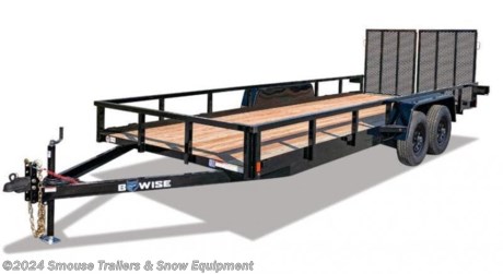 NEW 2023 BWise 7x18 Utility Trailer w/ Split Landscape Gate
CASH OR CHECK PRICE $4499!!!
GVW: 7000#
Unladen: 2050#
Payload: 4950#

MODEL: UT-718

7K Tandem Axle Tube Rail Utility Trailer
When you&#39;re needing a little more performance and diversity with your utility trailer, the UT
models from BWise provide upgrades like a tubing top rail and split rear ramp gates that UT7 come standard - providing more diversity in what you can get out of your utility trailer.
FEATURES:
DECK WIDTH: 82&quot;
DECK HEIGHT: 18&quot;
FRAME: 3&quot;, 5&quot; Angle Frame
CROSSMEMBER: 3&quot; Channel
CROSSMEMBER: 3&quot; Channel
TOP RAIL: 2&quot;x2&quot; Tube Rail
FLOORING: DURA Color Pressure Treated
FENDERS: Smooth Steel
RAMPS: Split Landscape Ramp
AXLES: 2 - 3,500 lb. Premium Axles
SUSPENSION: 4-Leaf II
BRAKES: Electric Self Adjusting Brakes
TIRES: ST205/75R15 6 ply Radial
WHEEL: 15&quot; Black Mod Wheels
COUPLER: 2 5/16&quot; Adjustable Coupler
JACK: 2K Top Wind Jack
WIRING HARNESS: All-Weather Wiring Harness (7-way RV)
LIGHTING: Rubber Mount Lifetime LED Lights

WE ARE YOUR ONE STOP SHOP FOR ALL PENNDOT PAPERWORK, FINANCING &amp; INSPECTIONS WHEN YOU PURCHASE A TRAILER HERE AT SMOUSE&#39;S.
** FINANCING AVAILABLE FOR THOSE WHO QUALIFY
** FULL SERVICE CENTER TO INCLUDE INSPECTION,REPAIRS &amp; MODIFICATIONS
** WE STOCK TRAILER PARTS AND ACCESSORIES
** NEED A BRAKE CONTROL? WE INSTALL YOUR BREAK CONTROL WHILE WE ARE DOING YOUR PAPERWORK (IF TRUCK IS PREWIRED) ON YOUR NEW TRAILER.
** WE ARE A MEMBER OF COSTARS
_ WE ACCEPT CASH-CHECK, VISA &amp; MASTERCARD_
*Price, if shown, does not include government &amp; PENNDOT fees, taxes, dealer document preparation charges or any finance charges (if applicable). FOB Mt Pleasant, Pa
Final actual sales price will vary depending on options or accessories selected.
NOTE: Models with a price of &quot;Request a Quote&quot; are always included in a $0 search, regardless of actual value