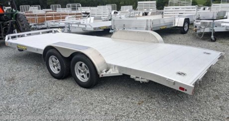 NEW 2024 Aluma 6&#39;10&quot; x 18&#39; Utility Trailer w/ Dove Tail &amp; Underbody Ramps
GVW: 9990#
Unladen: 1425#
Payload: 5575#
MODEL: 8218R
Bed Size: 81&quot; x 220&quot;
Tire Size: 14&quot;
SPECS:
2-3500# Rubber torsion axles - Easy lube hubs
Electric brakes, breakaway kit
ST205/75R14 LRC Radial tires (1760# cap/tire)
Aluminum wheels, 5-4.5 BHP
Removable aluminum fenders
Extruded aluminum floor
Front retaining rail
A-Framed aluminum tongue, 48&quot; long with 2-5/16&quot; coupler
6&#39; Aluminum ramps with storage underneath
8214-8220= 6) Stake pockets (3 per side);
Recessed tie rings, SS 5000#
Fold-down rear stabilizer jacks
Double-wheel swivel tongue jack, 1500# capacity
LED Lighting package, safety chains
Overall width = 101.5&quot;
Overall length = 272&quot;
WE ARE YOUR ONE STOP SHOP FOR ALL PENNDOT PAPERWORK, FINANCING &amp; INSPECTIONS WHEN YOU PURCHASE A TRAILER HERE AT SMOUSE&#39;S.
** FINANCING AVAILABLE FOR THOSE WHO QUALIFY
** FULL SERVICE CENTER TO INCLUDE INSPECTION,REPAIRS &amp; MODIFICATIONS
** WE STOCK TRAILER PARTS AND ACCESSORIES
** NEED A BRAKE CONTROL? WE INSTALL YOUR BREAK CONTROL WHILE WE ARE DOING YOUR PAPERWORK (IF TRUCK IS PREWIRED) ON YOUR NEW TRAILER.
** WE ARE A MEMBER OF COSTARS
_ _ WE ACCEPT CASH-CHECK, VISA &amp; MASTERCARD _
*Price, if shown, does not include government &amp; PENNDOT fees, taxes, dealer document preparation charges or any finance charges (if applicable). FOB Mt Pleasant, Pa
Final actual sales price will vary depending on options or accessories selected.
NOTE: Models with a price of &quot;Request a Quote&quot; are always included in a $0 search, regardless of actual value
