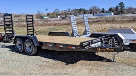 NEW 2023 Quality Trailers 18&#39; General Duty Equipment Trailer w/ Stand Up Ramps
OPTIONS ADDED:
Lockable Toolbox Lid

CASH OR CHECK PRICE $6575!!!
GVW 14000#
UNLADEN 2850#
PAYLOAD 11150#

Heavy Duty frame with 24&quot; cross member spacing, 2 ft. dove tail, radial tires, rubber mounted sealed beam lighting in enclosed boxes with conventional wiring with gel filled connectors.

STANDARD FEATURES
Treated wood deck
82&quot; between fenders
7000 lb. braking axles with 4 wheel brakes
Double eye spring suspension
235/80 R16 load range E 10 ply rating Castle Rock Radial tires
6&quot; channel frame
3&quot; channel cross members - 24&quot; spacing
6&quot; channel wrap around tongue
5 ft. swing up ramps with support foot
2 5/16&quot; adjustable coupler
7000 lb. drop-foot jack
Heavy duty diamond plate fenders with backs
Steps in front and behind fenders
Stake pockets
Self charging break away kit, safety chains, skip DOT reflective tape and all rubber mounted lighting with conventional wiring with gel filled connectors
Primed, 2 coats of automotive grade enamel, pin striped
WE ARE YOUR ONE STOP SHOP FOR ALL PENNDOT PAPERWORK, FINANCING &amp; INSPECTIONS WHEN YOU PURCHASE A TRAILER HERE AT SMOUSE&#39;S.
** FINANCING AVAILABLE FOR THOSE WHO QUALIFY
** FULL SERVICE CENTER TO INCLUDE INSPECTION,REPAIRS &amp; MODIFICATIONS
** WE STOCK TRAILER PARTS AND ACCESSORIES
** NEED A BRAKE CONTROL? WE INSTALL YOUR BREAK CONTROL WHILE WE ARE DOING YOUR PAPERWORK (IF TRUCK IS PREWIRED) ON YOUR NEW TRAILER.
** WE ARE A MEMBER OF COSTARS
WE ACCEPT CASH-CHECK, VISA &amp; MASTERCARD
*Price, if shown, does not include government &amp; PENNDOT fees, taxes, dealer document preparation charges or any finance charges (if applicable). FOB Mt Pleasant, Pa
Final actual sales price will vary depending on options or accessories selected.
NOTE: Models with a price of &quot;Request a Quote&quot; are always included in a $0 search, regardless of actual value