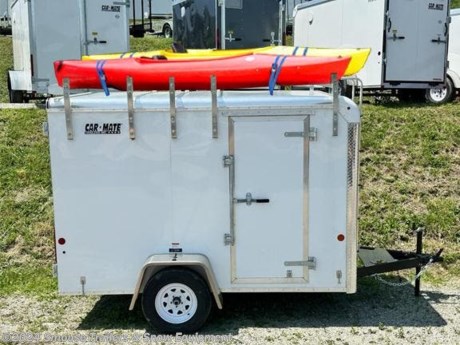 NEW 2023 Car Mate 6x10 Custom Cargo Trailer w/ Barn Doors (GREAT FOR KAYAKS OR CAMPING GEAR!!!)
OPTIONS ADDED: 
(5) Aluminum Ladder Racks w/ Front Access Ladder
(1) 12V LED Dome Light w/ Wall Switch
CASH OR CHECK PRICE $6299!!!
GVW: 2990#
Unladen: 1335#
Payload: 1665#

SPECS:
Axles: (1) 3500 Axle
Coupler: 2&quot;
Light plug Connector: Flat 4 Pole
Overall Exterior Length: 14&#39;3&quot;
Overall Exterior Height: 92&quot;
Overall Exterior Width: 94&quot;
Interior Box Length: 9&#39;8&quot;
Interior Box Width: 68&quot;
Interior Height: 72&quot;
Platform Height: 19&quot;
Hitch Height: 18&quot;
Rear Door: 66&quot; W x 68&quot; H
Side Man Door Size: 30&quot;
Crossmembers 24&quot; OC: 2&quot; x 2&quot; x 3/16&quot; Steel Angle
Frame: 2&quot; x 3&quot;
FEATURES:
Genuine Dexter Axles
Forward Self Adjusting Electric Brakes with Breakaway Kit &amp; Charger
2 5/16&quot; Coupler/Hitch Ball Size
7 Pole Light Plug Connector
Hitch Height: 21&quot; - Platform Height: 22&quot;
5000# Tongue Jack
3/8&quot; Plywood Walls - 16&quot; OC
.030 Exterior Aluminum (Colors Available)
.032 Seamless 1 pc. Aluminum Roof - LIFETIME WARRANTY
Steel Hat Channel Roof Bows - 24&quot; OC
3/4&quot; Plywood Floor - Painted Both Sides - LIFETIME WARRANTY
4&quot; Formed C-Channel Crossmembers
2&quot; x 6&quot; Structural Steel Tube Frame
Aluminum Diamond Plate Corners
24&quot; Aluminum Diamond Plate Front Stone Guard
Smooth Aluminum Fender Flares
Hot Dipped Galvanized Door Hardware
LED Lighting - LIFETIME WARRANTY
WE ARE YOUR ONE STOP SHOP FOR ALL PENNDOT PAPERWORK, FINANCING &amp; INSPECTIONS WHEN YOU PURCHASE A TRAILER HERE AT SMOUSE&#39;S.
** FINANCING AVAILABLE FOR THOSE WHO QUALIFY
** FULL SERVICE CENTER TO INCLUDE INSPECTION,REPAIRS &amp; MODIFICATIONS
** WE STOCK TRAILER PARTS AND ACCESSORIES
** NEED A BRAKE CONTROL? WE INSTALL YOUR BREAK CONTROL WHILE WE ARE DOING YOUR PAPERWORK (IF TRUCK IS PREWIRED) ON YOUR NEW TRAILER.
** WE ARE A MEMBER OF COSTARS
_ WE ACCEPT CASH-CHECK, VISA &amp; MASTERCARD _
*Price, if shown, does not include government &amp; PENNDOT fees, taxes, dealer document preparation charges or any finance charges (if applicable). FOB Mt Pleasant, Pa
Final actual sales price will vary depending on options or accessories selected.
NOTE: Models with a price of &quot;Request a Quote&quot; are always included in a $0 search, regardless of actual value