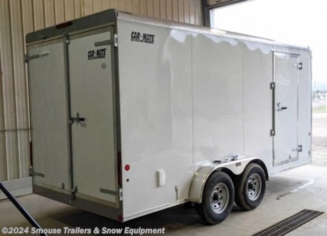 NEW 2023 Car Mate 7x16 HD Custom Cargo Trailer w/ Barn Doors
OPTIONS ADDED:
16&quot; OC Crossmember Spacing on Floor
6&quot; Additional Height (78&quot; Inside, 74&quot; Doors)
(2) LED Dome Lights w/ Wall Switch
Wall Vents
20575R15 Silver Spoke Wheels

CASH OR CHECK PRICE $8325!!!
Model: CM716CC-HD
GVW: 7000#
Unladen: 2400#
Payload: 4600#

Measurements:
Coupler/Hitch Size: 2-5/16&quot;
Overall Exterior Length: 20&#39;
Overall Exterior Height: 99&quot;
Overall Exterior Width: 99.5&quot;
Interior Box Length: 15&#39;8&quot;
Interior Box Width: 80&quot;
Interior Height: 78&quot;
Platform Height: 20&quot;
Hitch Height: 19&quot;
Ramp Rear Door: 78&quot; Wide x 74&quot; High
Side Man Door: 36&quot; Wide
Frame: 2x5 Tube
Tongue Jack: 2000#
FEATURES:
205/75R15 C Range Tires
Spoke Wheels -- Bolt Pattern 5 -- 4 1/2
A-Frame Tongue w/Safety Chains and Hooks
Genuine Dexter Torflex Axle(s) w/E-Z Lube Hubs
Forward Self Adjusting Electric Brakes with Breakaway Kit &amp; Charger
7 Pole Light Plug Connector
3/8 Plywood Walls -- 16 OC
.030 Exterior Aluminum (11 Colors Available)
.032 Seamless 1 pc. Aluminum Roof -- LIFETIME WARRANTY
Aluminum Roof Bows -- 16 OC
3/4 Plywood Floor -- Painted Both Sides -- LIFETIME WARRANTY
4 Formed C-Channel Crossmembers -- 24 OC
Structural Steel Tube Frame
Aluminum Diamond Plate Corners
16 Aluminum Diamond Plate Front Stone Guard
Smooth Aluminum Fenders
Hot Dipped Galvanized Door Hardware
LED Lighting -- LIFETIME WARRANTY
WE ARE YOUR ONE STOP SHOP FOR ALL PENNDOT PAPERWORK, FINANCING &amp; INSPECTIONS WHEN YOU PURCHASE A TRAILER HERE AT SMOUSE&#39;S.
** FINANCING AVAILABLE FOR THOSE WHO QUALIFY
** FULL SERVICE CENTER TO INCLUDE INSPECTION,REPAIRS &amp; MODIFICATIONS
** WE STOCK TRAILER PARTS AND ACCESSORIES
** NEED A BRAKE CONTROL? WE INSTALL YOUR BREAK CONTROL WHILE WE ARE DOING YOUR PAPERWORK (IF TRUCK IS PREWIRED) ON YOUR NEW TRAILER.
** WE ARE A MEMBER OF COSTARS
WE ACCEPT CASH-CHECK, VISA &amp; MASTERCARD
*Price, if shown, does not include government &amp; PENNDOT fees, taxes, dealer document preparation charges or any finance charges (if applicable). FOB Mt Pleasant, Pa
Final actual sales price will vary depending on options or accessories selected.
NOTE: Models with a price of &quot;Request a Quote&quot; are always included in a $0 search, regardless of actual value
