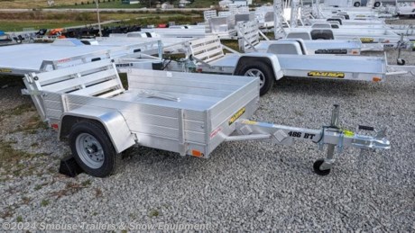 NEW 2024 Aluma 4x6 LW Utility Trailer w/ Bi-Fold Gate
OPTIONS ADDED:
12&quot; SOLID SIDE RACK KIT
CASH, CHECK OR FINANCING PRICE $2225!!!
GVW: 1200#
Unladen: 340#
Payload: 860#
Model: 486-BT
Bed Size: 48&quot; x 72&quot;
Tires: 12&quot;

Standard Equipment
* 1200# Rubber torsion axle - No brakes - Easy lube hubs
* 5.30-12 LRC (1045# cap/tire)
* Silver mod steel wheels with 5 on 4.5 bolt pattern
* Aluminum fenders
* Extruded aluminum floor
* 6&quot; Front retaining bumper
* A-Framed aluminum tongue, 48&quot; long with 2&quot; coupler
* Stake pockets (2 per side)
* Tie down loops (2 per side)
* Swivel tongue jack, 1200# capacity
* LED Lighting package, safety chains
* Aluminum tailgate / bi-fold tailgate - 44.625&quot; x 39&quot; long
* Overall width = 65-1/2&quot;
* Overall length = 120
WE ARE YOUR ONE STOP SHOP FOR ALL PENNDOT PAPERWORK, FINANCING &amp; INSPECTIONS WHEN YOU PURCHASE A TRAILER HERE AT SMOUSE&#39;S.
** FINANCING AVAILABLE FOR THOSE WHO QUALIFY
** FULL SERVICE CENTER TO INCLUDE INSPECTION,REPAIRS &amp; MODIFICATIONS
** WE STOCK TRAILER PARTS AND ACCESSORIES
** NEED A BRAKE CONTROL? WE INSTALL YOUR BREAK CONTROL WHILE WE ARE DOING YOUR PAPERWORK (IF TRUCK IS PREWIRED) ON YOUR NEW TRAILER.
** WE ARE A MEMBER OF COSTARS
_ WE ACCEPT CASH-CHECK, VISA &amp; MASTERCARD _
*Price, if shown, does not include government &amp; PENNDOT fees, taxes, dealer document preparation charges or any finance charges (if applicable). FOB Mt Pleasant, Pa
*Final actual sales price will vary depending on options or accessories selected.*
*NOTE: Models with a price of &quot;Request a Quote&quot; are always included in a $0 search, regardless of actual value*
