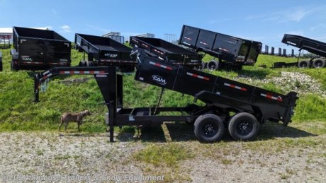 NEW 2024 CAM Superline 6&#39;10&quot; x 14 HD Scissor Lo Pro GOOSENECK Equipment Dump Trailer (7K Axles)
CASH, CHECK OR FINANCING PRICE $12,599!!!!
GVW: 14000#
Unladen: 4805#
Payload: 9195#
MODEL: PHDS8214-GN-140
FEATURES
Tubular Main Frame
Adjustable 2-5/16&quot; Ball Coupler
Safety Chains
7-Way SAE Plug
7k Setback Drop Leg Jack (12k Model)
12k Setback Drop Leg Jack (14k &amp; 16k Models)
Zip Breakaway System
Slide-Out Ladder Ramps (6&#39;)
Mesh Tarp Kit w/ Anti-Sail Rod
Triple-Acting Tailgate w/ Chains
Diamond Plate Fenders
Electric Brake Axles (2)
Slipper Spring Suspension
Steel Wheels
Epoxy Primer
Polyurethane Paint Finish
Spare Tire Mount
D-Ring Tie-Downs - 1/2&quot; (4)
Sealed Wiring Harness
LED Lights - Rubber Mounted
Steel Lockable Pump Box
Remote Control w/ 20&#39; Cord
12V Deep-Cycle Battery
Scissor Hoist Lifting Operation
Three Year Warranty
Storage Tray
Tarp Kit and Anti-Sail Bar
Frame: 6&quot; x 2&quot; x 3/16&quot; Rec. Tube
Crossmembers: 3&quot; Fabricated C-Channel
Tongue: 5&quot; Channel
Coupler: Adjustable 2-5/16&quot; Ball Coupler
Jack: 12K Bolt-On Drop Leg
Fenders: Tread Plate
Axles: 7K Greased
Suspension: Slipper Spring
Wheels: 23580R16 Black Spoke Radial
Decking: 10 Gauge
Volume Capacity: 7.09 cu. yd.
Lights: LED Rubber Mounted
Electric Plug: 7 Way SAE Plug
Finish: PPG Industrial Polyurethane Paint
Overall Length: 222&quot;
Bed Width Inside: 82&quot;
Bed Length Inside: 168&quot;
Side Wall Height: 24&quot;
Deck Height: 29&quot;
Coupler Height: 19&quot; - 27&quot;
Hydraulic Hoist: Scissor
Hydraulic Pump: 12V Single Acting
Battery: 12V Deep Cycle, DP24
Dump Angle: 45 Degree



WE ARE YOUR ONE STOP SHOP FOR ALL PENNDOT PAPERWORK, FINANCING &amp; INSPECTIONS WHEN YOU PURCHASE A TRAILER HERE AT SMOUSE&#39;S.
** FINANCING AVAILABLE FOR THOSE WHO QUALIFY
** FULL SERVICE CENTER TO INCLUDE INSPECTION,REPAIRS &amp; MODIFICATIONS
** WE STOCK TRAILER PARTS AND ACCESSORIES
** NEED A BRAKE CONTROL? WE INSTALL YOUR BREAK CONTROL WHILE WE ARE DOING YOUR PAPERWORK (IF TRUCK IS PREWIRED) ON YOUR NEW TRAILER.
** WE ARE A MEMBER OF COSTARS
_ WE ACCEPT CASH-CHECK, VISA &amp; MASTERCARD _
*Price, if shown, does not include government &amp; PENNDOT fees, taxes, dealer document preparation charges or any finance charges (if applicable). FOB Mt Pleasant, Pa
Final actual sales price will vary depending on options or accessories selected.
NOTE: Models with a price of &quot;Request a Quote&quot; are always included in a $0 search, regardless of actual value