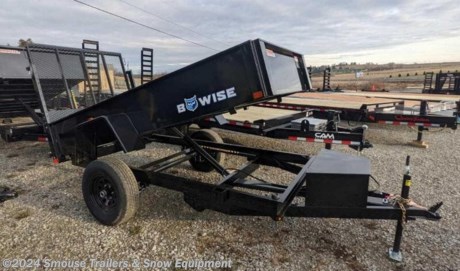 NEW 2024 BWise 5x10 Lo Pro Dump w/ Landscape Gate
CASH, CHECK OR FINANCING PRICE $5775 *- Offer Valid Until Dec 31, 2023*
GVW: 5000#
UNLADEN: 1440#
PAYLOAD: 3560#
MODEL: DTR510LP-5-B
DECK WIDTH: 60&quot;
DECK HEIGHT: 25&quot;
FRAME: 4&quot; Channel Frame
CROSSMEMBER: 3&quot; Channel
DUMP SIDES: 15&quot; - 14 GA
FLOORING: 12 GA One-Piece Steel
FENDERS: Smooth Steel
DUMP GATE: Landscape Gate w/ D Rings
AXLES: 1 - 6,000 lb. Premium Axles
SUSPENSION: 6-Leaf II
BRAKES: Electric Self Adjusting Brakes
TIRES: ST225/75R15 8 ply Radial
WHEEL: 15&quot; Black Mod Wheels
COUPLER: 2&quot; A Frame Coupler
JACK: 2K Top Wind Jack
TOOLBOX: Lockable Pump Box with Gas Shock
STAKE POCKETS: Full Height Stake Pockets
BATTERY: GR24 Deep Cycle
WIRING HARNESS: All-Weather Wiring Harness (7-way RV)
CHARGE WIRE: Charge Wire with Circuit Breaker
LIGHTING: Rubber Mount Lifetime LED Lights

WE ARE YOUR ONE STOP SHOP FOR ALL PENNDOT PAPERWORK, FINANCING &amp; INSPECTIONS WHEN YOU PURCHASE A TRAILER HERE AT SMOUSE&#39;S.
** FINANCING AVAILABLE FOR THOSE WHO QUALIFY
** FULL SERVICE CENTER TO INCLUDE INSPECTION,REPAIRS &amp; MODIFICATIONS
** WE STOCK TRAILER PARTS AND ACCESSORIES
** NEED A BRAKE CONTROL? WE INSTALL YOUR BREAK CONTROL WHILE WE ARE DOING YOUR PAPERWORK (IF TRUCK IS PREWIRED) ON YOUR NEW TRAILER.
** WE ARE A MEMBER OF COSTARS

_ WE ACCEPT CASH-CHECK, VISA &amp; MASTERCARD_
*Price, if shown, does not include government &amp; PENNDOT fees, taxes, dealer document preparation charges or any finance charges (if applicable). FOB Mt Pleasant, Pa
Final actual sales price will vary depending on options or accessories selected.
NOTE: Models with a price of &quot;Request a Quote&quot; are always included in a $0 search, regardless of actual value