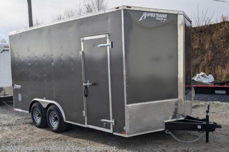NEW 2024 Homesteader 8.5x16 Intrepid V-Nose Cargo Trailer w/ Ramp
OPTIONS ADDED:
6&quot; Additional Height (84&quot; Inside, 78&quot; Door)
Ramp Door w/ Extended Wood Flap
(4) Recessed D-Rings
Wall Vents
CASH, CHECK OR FINANCING PRICE $8350!!!
GVW: 7000#
Unladen: 
Payload: 
Model: 816IT
SPECS:
Overall Length: 20&#39;4&quot;
Overall Height: 8&#39;6&quot;
Overall Width: 102&quot;
Interior Length: 17&#39;
Interior Height: 84&quot;
Interior Width: 8&#39;
Door Opening Height: 78&quot;
Door Opening Width: 7&#39;6&quot;
FEATURES:
Heavy Duty All Steel Boxed Frame Body
Tubular Steel Wall and Roof Structure
Under Coated Frame
Wall and Roof Crossmembers 24&quot; O.C. (16&quot; O.C. 8&#39; wide models)
Floor Crossmembers 24&quot; O.C. Single (16&quot; O.C. Tandem)
2&#39; V- Nose with ATP point
Aluminum Exterior with Baked Enamel Finish
One Piece Aluminum Roof
High Tech Roof Sealant
Heavy Duty Exterior Trim
Automotive Quality Gaskets &amp; Seals
LED Lights
3/4&quot; Exterior Grade Plywood Flooring
3/8&quot; Plywood Interior Wall Liner
32&quot; Side Door
Double Rear Doors (Single Door on 5&#39; Wide Models)
Interior Light
Aluminum Fenders
Modular Style Steel Wheels
EZ Lube Axles
Door Holdbacks
Breakaway Kit with Battery, and Charger (Tandem Models)
2000 lb. Top-wind Tongue Jack
Exterior Fasteners 6&quot; O.C.
24&quot; ATP Stoneguard
D.O.T. Compliant Lighting
D.O.T. Compliant Conspicuity Tape
2&quot; Coupler on single axle models
2 5/16&quot; Coupler on Tandem axle models
NATM Certified
Intrepid Enclosed Trailers
The Intrepid is an exciting series is packed full of standard features that are certain to turn heads! Standard features include, but are not limited to: 2&#39; Vee-Nose, 2&#39; Aluminum Treadplate Stoneguard, 32&quot; Side Door, 6&#39;6&quot; high sidewall on 8&#39; wide models, 6&#39; high sidewall on 6&#39; &amp; 7&#39; wide models, 5&#39;6&quot; high sidewall on 5&#39; wide models, Interior Light, 3,500 lb drop EZ Lube axle, Trailer Rated Radial Tires, Aluminum ATP Fenders, 3/4&quot; plywood Exterior grade plywood floor, and 3/8&quot; plywood lined interior walls.
This series will fill the needs of many customers. Whether used for small business, motorcycle enthusiast, flea marketers, or a wide array of other needs the Intrepid is ready for any occupation. The styling and features of the Intrepid make it a very desirable trailer for many of today&#39;s trailer users.
WE ARE YOUR ONE STOP SHOP FOR ALL PENNDOT PAPERWORK, FINANCING &amp; INSPECTIONS WHEN YOU PURCHASE A TRAILER HERE AT SMOUSE&#39;S.
** FINANCING AVAILABLE FOR THOSE WHO QUALIFY
** FULL SERVICE CENTER TO INCLUDE INSPECTION,REPAIRS &amp; MODIFICATIONS
** WE STOCK TRAILER PARTS AND ACCESSORIES
** NEED A BRAKE CONTROL? WE INSTALL YOUR BREAK CONTROL WHILE WE ARE DOING YOUR PAPERWORK (IF TRUCK IS PREWIRED) ON YOUR NEW TRAILER.
** WE ARE A MEMBER OF COSTARS
WE ACCEPT CASH-CHECK, VISA &amp; MASTERCARD
*Price, if shown, does not include government &amp; PENNDOT fees, taxes, dealer document preparation charges or any finance charges (if applicable). FOB Mt Pleasant, Pa
Final actual sales price will vary depending on options or accessories selected.
NOTE: Models with a price of &quot;Request a Quote&quot; are always included in a $0 search, regardless of actual value