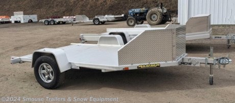 NEW 2024 Aluma 10&#39; (2 Place) Motorcycle Trailer w/ Pull Out Ramp
CASH OR CHECK PRICE $4775!!!
GVW: 2990#
Unladen: 600#
Payload: 2390#
Model: MC210
Weight: 600#
Bed Size: 78&quot; x 138&quot;
Tires: 14&quot;
STANDARD SPECS
* 3500# Rubber torsion axle - No brakes - Easy lube hubs
* ST205/75R14 LRC radial trail (1760# cap/tire)
* Aluminum wheels, 5-4.5 BHP
* Aluminum fenders
* Extruded aluminum floor
* Stainless steel recessed tie rings (4 per front &amp; rear)
* Aluminum pull-out ramp (63.25&quot; wide x 69.5&quot; long)
* Aluminum salt shield / rock guard (24&quot; tall)
* 2 Motorcycle brackets
* LED Lighting package, safety chains
* Swivel tongue jack, 1200# capacity
* 2&quot; Coupler
* Overall width = 101.5&quot;
WE ARE YOUR ONE STOP SHOP FOR ALL PENNDOT PAPERWORK, FINANCING &amp; INSPECTIONS WHEN YOU PURCHASE A TRAILER HERE AT SMOUSE&#39;S.
** FINANCING AVAILABLE FOR THOSE WHO QUALIFY
** FULL SERVICE CENTER TO INCLUDE INSPECTION,REPAIRS &amp; MODIFICATIONS
** WE STOCK TRAILER PARTS AND ACCESSORIES
** NEED A BRAKE CONTROL? WE INSTALL YOUR BREAK CONTROL WHILE WE ARE DOING YOUR PAPERWORK (IF TRUCK IS PREWIRED) ON YOUR NEW TRAILER.
** WE ARE A MEMBER OF COSTARS
_ WE ACCEPT CASH-CHECK, VISA &amp; MASTERCARD _
*Price, if shown, does not include government &amp; PENNDOT fees, taxes, dealer document preparation charges or any finance charges (if applicable). FOB Mt Pleasant, Pa
Final actual sales price will vary depending on options or accessories selected.
NOTE: Models with a price of &quot;Request a Quote&quot; are always included in a $0 search, regardless of actual value