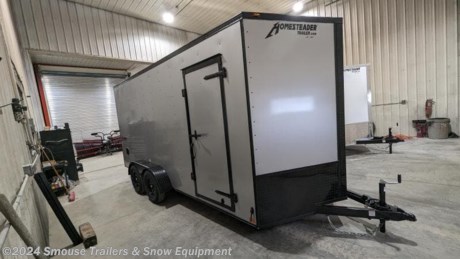 NEW 2024 Homesteader 7x16 HD Intrepid V-Nose Cargo Trailer w/ Ramp Door
OPTIONS ADDED:
12&quot; Additional Height (84&quot; Inside, 80&quot; Door)
.080 Polycor Exterior
Blackout Package
Ramp Door Package w/ Extended Wood Flap
(4) 1000# Recessed D-Rings
Wall Vents
CASH, CHECK OR FINANCING PRICE $8275!!!!
Model: 716IT 
Intrepid Enclosed Trailers
The Intrepid is an exciting series is packed full of standard features that are certain to turn heads! Standard features include, but are not limited to: 2&#39; Vee-Nose, 2&#39; Aluminum Treadplate Stoneguard, 32&quot; Side Door, 6&#39;6&quot; high sidewall on 8&#39; wide models, 6&#39; high sidewall on 6&#39; &amp; 7&#39; wide models, 5&#39;6&quot; high sidewall on 5&#39; wide models, Interior Light, 3,500 lb drop EZ Lube axle, Trailer Rated Radial Tires, Aluminum ATP Fenders, 3/4&quot; plywood Exterior grade plywood floor, and 3/8&quot; plywood lined interior walls.
This series will fill the needs of many customers. Whether used for small business, motorcycle enthusiast, flea marketers, or a wide array of other needs the Intrepid is ready for any occupation. The styling and features of the Intrepid make it a very desirable trailer for many of today&#39;s trailer users.
SPECS:
Overall Length: 19&#39;10&quot;
Overall Height: 8&#39;
Overall Width: 102&quot;
Interior Length: 17&#39;6&quot;
Interior Height: 78&quot;
Interior Width: 6&#39;8&quot;
Door Opening Height: 74&quot;
Door Opening Width: 6&#39;2&quot;
FEATURES:
Heavy Duty All Steel Boxed Frame Body
Tubular Steel Wall and Roof Structure
Under Coated Frame
Wall and Roof Crossmembers 24&quot; O.C.
Floor Crossmembers 16&quot; O.C. Single
2&#39; V- Nose with ATP point
Aluminum Exterior with Baked Enamel Finish
One Piece Aluminum Roof
High Tech Roof Sealant
Heavy Duty Exterior Trim
Automotive Quality Gaskets &amp; Seals
LED Lights
3/4&quot; Exterior Grade Plywood Flooring
3/8&quot; Plywood Interior Wall Liner
32&quot; Side Door
Interior Light
Aluminum Fenders
Modular Style Steel Wheels
Trailer Rated Radial Tires
EZ Lube Axles
Door Holdbacks
Breakaway Kit with Battery, and Charger (Tandem Models)
2000 lb. Top-wind Tongue Jack
Exterior Fasteners 6&quot; O.C.
24&quot; ATP Stoneguard
D.O.T. Compliant Lighting
D.O.T. Compliant Conspicuity Tape
2&quot; Coupler on single axle models
2 5/16&quot; Coupler on Tandem axle models
NATM Certified
WE ARE YOUR ONE STOP SHOP FOR ALL PENNDOT PAPERWORK, FINANCING &amp; INSPECTIONS WHEN YOU PURCHASE A TRAILER HERE AT SMOUSE&#39;S.
** FINANCING AVAILABLE FOR THOSE WHO QUALIFY
** FULL SERVICE CENTER TO INCLUDE INSPECTION,REPAIRS &amp; MODIFICATIONS
** WE STOCK TRAILER PARTS AND ACCESSORIES
** NEED A BRAKE CONTROL? WE INSTALL YOUR BREAK CONTROL WHILE WE ARE DOING YOUR PAPERWORK (IF TRUCK IS PREWIRED) ON YOUR NEW TRAILER.
** WE ARE A MEMBER OF COSTARS
_ WE ACCEPT CASH-CHECK, VISA &amp; MASTERCARD _
*Price, if shown, does not include government &amp; PENNDOT fees, taxes, dealer document preparation charges or any finance charges (if applicable). FOB Mt Pleasant, Pa
Final actual sales price will vary depending on options or accessories selected.
NOTE: Models with a price of &quot;Request a Quote&quot; are always included in a $0 search, regardless of actual value