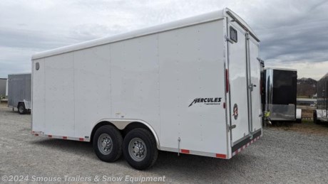 NEW 2024 Homesteader 8x18 HD Hercules Cargo Trailer w/ Barn Doors 
OPTIONS ADDED: 
6&quot; Additional Height (86&quot; Inside, 78&quot; Door)
12&quot; OC Crossmembers
7000# Torsion Axles

CASH, CHECK OR FINANCING PRICE $10,299!!!

GVW: 14000#
Unladen: 3334#
Payload: 10666#
MODEL: 818HT

Standard Features
&#194;&#183; 2&#195;--6 Tube Steel Main Frame
&#194;&#183; Under Coated Frame
&#194;&#183; Full Height Crossmembers
&#194;&#183; Tubular Wall Studs 16&#226;?&#179; O.C.
&#194;&#183; Independent Suspension Torsion Axles
&#194;&#183; 11 Year Manufactured Limited Warranty on Torsion Axles
&#194;&#183; EZ Lube Hubs
&#194;&#183; [Modular-Styled Wheels](https://homesteadertrailer.com/wp-content/uploads/2018/05/Contemporary-Style-Steel-Modular-Wheels.jpg)
&#194;&#183; Trailer Rated Radial Tires
&#194;&#183; Aluminum Fender Flares
&#194;&#183; [Break-Away Kit with Battery, and Charger](https://homesteadertrailer.com/wp-content/uploads/2018/05/Breakaway-Switch-with-charger-tandem-models.jpg)
&#194;&#183; [Complete LED Lighting](https://homesteadertrailer.com/wp-content/uploads/2018/04/IMG_2466.jpg)
&#194;&#183; 5K Tongue Jack
&#194;&#183; [Safety Chains](https://homesteadertrailer.com/wp-content/uploads/2018/05/Safety-Chain.jpg)
&#194;&#183; [.030 Aluminum Exterior With Baked Enamel Finish](https://homesteadertrailer.com/wp-content/uploads/2017/08/HerculesIMG4583croppednew_wheels.png)
&#194;&#183; High Tech Self-Leveling Roof Sealant
&#194;&#183; Seamless Aluminum Roof
&#194;&#183; Aerodynamic Styling
&#194;&#183; [Aerodynamic TPO (Thermo-Plastic Poly-Olefin) Nosecap](https://homesteadertrailer.com/wp-content/uploads/2018/05/Aerodynamic-TPO-Thermo-Plastic-Poly-Olefin-Nosecap.jpg)
&#194;&#183; Long Life Coated Fasteners
&#194;&#183; Automotive Style Weatherstripping
&#194;&#183; Semi-Trailer Style Fastener Bars with Zinc-Coated Finish
&#194;&#183; [Keyed Lockable Door Hasp](https://homesteadertrailer.com/wp-content/uploads/2018/04/IMG_2514.jpg)
&#194;&#183; [Door Hold Back Chains](https://homesteadertrailer.com/wp-content/uploads/2018/05/Door-Chains.jpg)
&#194;&#183; Door Grab Handles
&#194;&#183; [Premium 3/8&#226;?&#179; Plywood Wall Liner](https://homesteadertrailer.com/wp-content/uploads/2018/05/3-8-Plywood-Wall-Liner.jpg)
&#194;&#183; [3/4&#226;?&#179; Exterior Grade Plywood Floor](https://homesteadertrailer.com/wp-content/uploads/2018/05/3-4-Exterior-Grade-Plywood-Floor.jpg)
&#194;&#183; [Interior Light](https://homesteadertrailer.com/wp-content/uploads/2018/05/Interior-Light.jpg)
&#194;&#183; 3 Year Limited Structural Warranty
&#194;&#183; Floor Crossmember Full Height 16&#226;?&#179; O.C.
&#194;&#183; 2&#195;--6 Tube Steel Outriggers 16&#226;?&#179; O.C.
&#194;&#183; 96&#226;?&#179; Interior Width
&#194;&#183; 6&#39;8&#226;?&#179; Interior Height
&#194;&#183; 82&#226;?&#179; Between Wheel Wells
&#194;&#183; 86&#226;?&#179; Door Opening Width
&#194;&#183; 72&#226;?&#179; Door Opening Height
&#194;&#183; [D.O.T. Compliant Lighting](https://homesteadertrailer.com/wp-content/uploads/2018/04/IMG_2466.jpg)
&#194;&#183; [D.O.T. Compliant Conspicuity Tape](https://homesteadertrailer.com/wp-content/uploads/2018/05/D.O.T.-Compliant-Conspicuity-Tape.jpg)
&#194;&#183; Brakes on All Wheels
&#194;&#183; Primed and Painted Frame
&#194;&#183; Aluminum Door Hold Back
&#194;&#183; 5&#226;?&#179; Exterior Fastener Pattern
&#194;&#183; NATM Certified

WE ARE YOUR ONE STOP SHOP FOR ALL PENNDOT PAPERWORK, FINANCING &amp; INSPECTIONS WHEN YOU PURCHASE A TRAILER HERE AT SMOUSE&#39;S.
** FINANCING AVAILABLE FOR THOSE WHO QUALIFY
** FULL SERVICE CENTER TO INCLUDE INSPECTION,REPAIRS &amp; MODIFICATIONS
** WE STOCK TRAILER PARTS AND ACCESSORIES
** NEED A BRAKE CONTROL? WE INSTALL YOUR BREAK CONTROL WHILE WE ARE DOING YOUR PAPERWORK (IF TRUCK IS PREWIRED) ON YOUR NEW TRAILER.
** WE ARE A MEMBER OF COSTARS
_ WE ACCEPT CASH-CHECK, VISA &amp; MASTERCARD _
*Price, if shown, does not include government &amp; PENNDOT fees, taxes, dealer document preparation charges or any finance charges (if applicable). FOB Mt Pleasant, Pa
Final actual sales price will vary depending on options or accessories selected.
NOTE: Models with a price of &quot;Request a Quote&quot; are always included in a $0 search, regardless of actual value