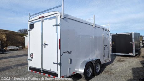 NEW 2024 Homesteader 7x16 HD Hercules Cargo Trailer w/ Rear Barn Doors
OPTIONS ADDED:
6&quot; Additional Height (86&quot; Inside, 78&quot; Doors)
(3) Ladder Racks
(2) LED Dome Lights w/ Wall Switch
14000# GVW - 7000# Torsion Axles
60&quot; Tongue w/ Adjustable Coupler

CASH, CHECK OR FINANCING PRICE $9850!!!!
GVW: 14000#
Unladen: 2950#
Payload: 11050#

The Hercules is the premium series of our enclosed trailers. Incorporated into each trailer are the finest materials and components available for an enclosed trailer. The Hercules is frequently chosen by those needing a durable, long lasting enclosed trailer. For the discerning buyer who chooses only the best, Hercules is the one.
The Hercules must go through rigorous measures during manufacturing to insure the quality you expect from a Homesteader trailer. We begin with the finest products including Torflex rubber torsion axles, E-Z lube hubs, 2 x 3 tube steel on single axle models and 2 x 6 tube steel constructed main frame for maximum strength and durability on tandem models, along with floor crossmembers and wall posts 16&#226;?&#179; O.C. To the interior we add 3/4&#226;?&#179; exterior grade plywood flooring, 3/8&#226;?&#179; plywood sidewall liner, LED tail lights, aluminum door hold backs, lockable door hasp, and a standard dome light. For style and performance the Hercules has a sleek aerodynamic body with .030 gauge aluminum with a baked enamel finish. Every Hercules is backed by [3 year limited manufacturer warranty.](https://homesteadertrailer.com/?page_id=111)**

Standard Features
* 2&#226;?&#179; X 6&#226;?&#179; Tube Steel Frame (Tandem Models)
* 2&#226;?&#179; X 3&#226;?&#179; Tube Steel Frame (Single Models)
* Under Coated Frame
* Full Height Crossmembers
* Tubular Steel Wall Studs 16&#226;?&#179; O.C.
* Tubular Roof Supports 24&quot; O.C.
* Independent Suspension Torsion Axles
* 11 Year Manufactured Limited Warranty on Torsion Axles
* EZ lube Hubs
* [Modular-Styled Steel Wheels](https://homesteadertrailer.com/wp-content/uploads/2018/05/Contemporary-Style-Steel-Modular-Wheels.jpg)
* Trailer Rated Radial Tires
* Aluminum Fenders
* [Breakaway Switch with charger](https://homesteadertrailer.com/wp-content/uploads/2018/05/Breakaway-Switch-with-charger-tandem-models.jpg) (tandem models)
* [D.O.T. Compliant Lighting](https://homesteadertrailer.com/wp-content/uploads/2018/04/IMG_2466.jpg)
* [Complete LED Lighting](https://homesteadertrailer.com/wp-content/uploads/2018/05/ledlight.jpg)
* [Tongue Jack](https://homesteadertrailer.com/wp-content/uploads/2018/05/Tongue-Jack.jpg)
* [Safety Chains](https://homesteadertrailer.com/wp-content/uploads/2018/05/Safety-Chain.jpg)
* .030 Gauge Aluminum Exterior w/ Baked Enamel Finish
* Seamless Aluminum Roof
* High Tech Self-Leveling Roof Sealant
* Aerodynamic Styling
* [Aerodynamic TPO (Thermo-Plastic Poly-Olefin) Nosecap](https://homesteadertrailer.com/wp-content/uploads/2018/05/Aerodynamic-TPO-Thermo-Plastic-Poly-Olefin-Nosecap.jpg)
* Exterior Long Life Coated Fasteners 6 &quot; O.C.
* Automotive Quality Gaskets and Seals
* [Semi-Trailer Style Door Fastener Bars with Zinc-Coated Finish](https://homesteadertrailer.com/wp-content/uploads/2018/04/IMG_2514.jpg)
* [Keyed Lockable Door Hasp](https://homesteadertrailer.com/wp-content/uploads/2018/04/IMG_2431.jpg)
* Door Grab Handles
* Aluminum Door Holdbacks
* [Premium 3/8&#226;?&#179; Plywood Sidewall Liner](https://homesteadertrailer.com/wp-content/uploads/2018/05/3-8-Plywood-Wall-Liner.jpg)
* [3/4&#226;?&#179; Exterior Grade Plywood Floor](https://homesteadertrailer.com/wp-content/uploads/2018/05/3-4-Exterior-Grade-Plywood-Floor.jpg)
* [Interior Light](https://homesteadertrailer.com/wp-content/uploads/2018/05/Interior-Light.jpg)
* 3 Year Limited Warranty
* Floor Crossmembers 16&#226;?&#179; O.C.
* [Chrome Hub Covers](https://homesteadertrailer.com/wp-content/uploads/2018/05/CHROME-RING-CENTER-CAP.jpg)
* Electric Brakes (tandem models only, both axles)
* [D.O.T. Compliant Conspicuity Tape](https://homesteadertrailer.com/wp-content/uploads/2018/05/D.O.T.-Compliant-Conspicuity-Tape.jpg)
* Recessed Door Frames
* [Door Chains](https://homesteadertrailer.com/wp-content/uploads/2018/05/Door-Chains.jpg)
* NATM Certified
WE ARE YOUR ONE STOP SHOP FOR ALL PENNDOT PAPERWORK, FINANCING &amp; INSPECTIONS WHEN YOU PURCHASE A TRAILER HERE AT SMOUSE&#39;S.
** FINANCING AVAILABLE FOR THOSE WHO QUALIFY
** FULL SERVICE CENTER TO INCLUDE INSPECTION,REPAIRS &amp; MODIFICATIONS
** WE STOCK TRAILER PARTS AND ACCESSORIES
** NEED A BRAKE CONTROL? WE INSTALL YOUR BREAK CONTROL WHILE WE ARE DOING YOUR PAPERWORK (IF TRUCK IS PREWIRED) ON YOUR NEW TRAILER.
** WE ARE A MEMBER OF COSTARS
_ WE ACCEPT CASH-CHECK, VISA &amp; MASTERCARD _
*Price, if shown, does not include government &amp; PENNDOT fees, taxes, dealer document preparation charges or any finance charges (if applicable). FOB Mt Pleasant, Pa
Final actual sales price will vary depending on options or accessories selected.
NOTE: Models with a price of &quot;Request a Quote&quot; are always included in a $0 search, regardless of actual value