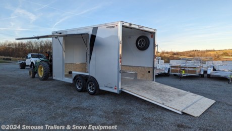 NEW 2024 Legend 8.5x16 Trail Master Flat Front Cargo Trailer w/ Ramp Door LG364

**OPTIONS ADDED:**
**Gullwing Door**
**12&quot; Additional Height (90&quot; Inside, 85&quot; Door)**
**Blackout Package**
**22575R15 Black Aluminum Wheels**
**22575R15 Black Aluminum Spare Wheel &amp; Tire**

## CASH OR CHECK PRICE $17,300!!!

GVW: 7000#

**8.5x16TMF FEATURES:**
HEIGHT: 12&quot; ADDITIONAL: 90&quot; INTERIOR HEIGHT
 TOP / NOSE: NO ROUNDTOP
TANDEM AXLE: 3500# 5-BOLT TORSION BRAKE 94.5/80 #832
SPREAD AXLE: NO SPREAD AXLE
BLACK OUT PACKAGE: STANDARD
TIRES &amp; WHEELS: RADIAL BLACK ALUMINUM 15&quot; 5-BOLT ST225/75R15 FENDERS: 1&quot; X 72&quot; ATP FENDER FLARES BLACK
MAIN FRAME: 6&quot; TUBE
FLOOR CROSS MEMBERS: 16&quot; OC FLOOR
WALL STUDS: 16&quot; OC WALLS
ROOF BOWS: 16&quot; OC ROOF
ROOF: 102&quot;
SAFETY CHAIN: 1/4&quot; X 36&quot; (12,600 LBS)
HITCH: 2 5/16&quot; COUPLER
TONGUE: STANDARD TONGUE
TONGUE JACK: 2000# WITH JACK FOOT
TRAILER CONNECTOR: 7-WAY ROUND 8&#39;
SKIN THICKNESS: .040 ALUM
EXTERIOR SCREWS: ZINC EXTERIOR SCREWS
SINGLE COLOR: SILVERFROST
STRIPE OPTION: SINGLE COLOR W/ BLACK ACCENT STRIPE AND DECAL S-LOCK: BLACK CORNERS - BLACKOUT PKG
STONE GUARD: 48&quot; X 115&quot; BLACK ATP
REAR DOOR: RAMP
SKIRTING
RAMP FLAP: REAR STANDARD
SIDE DOOR : RADIUS 36X68 CURBSIDE / BLACK FRAME
SIDE DOOR HOLD BACK: (1) 4&quot; ALUMINUM HOLD BACK
DOOR HARDWARE: S/S RAMP DOOR HARDWARE LOCKABLE BLACK ALL-WEATHER HASPS
DOOR HARDWARE: (1) LEGEND LIGHTED GRAB HANDLE
GULL-WING DOOR: ROADSIDE DELUXE GULL-WING DOOR W/CENTERED HANDLE
FLOOR COVERING: 3/4&quot; ENGINEERED WOOD
REAR DOOR COVERING: 3/4&quot; ENGINEERED WOOD
KICKPLATE: 24&quot; TALL 3/4&quot; ENGINEERED WOOD
INTERIOR WALLS: 3/8&quot; WOOD W/ WHITE VINYL
INTERIOR TRIM: ATP INTERIOR TRIM
CEILING: BUTLER WHITE VINYL CEILING
COVE: WHITE
SPRING COVERS: NO SPRING COVER
5000# D-RINGS: (4) 5000# D-RINGS SHIPPED LOOSE
SIDE VENTS: (1 PAIR) PLASTIC FORCED AIR SIDE VENTS
DOME LIGHTS: (2) RECTANGULAR LED DOME LIGHTS W/12V SWITCH CLEARANCE LIGHTS: STANDARD LED CLEARANCE LIGHTS
TAIL LIGHTS: (1 PAIR) LED TAIL LIGHTS (STANDARD)
12V ELECTRICAL: EXTERIOR MOUNTED 12V JUNCTION BOX 110V PACKAGE: NO SERVICE CHOSEN
EXTERIOR MARKING: STANDARD DECALS

The Trailmaster Flat Front (TMF) is Legend&#39;s deluxe version of an 8.5&#39; wide cargo profile. Standard upgrades from the Thunder/Explorer series include 2&quot; tall tubing roof bows, white vinyl walls and ceiling, 24&quot; kickplate on the internal walls, stainless steel door hardware, bright polished radius corners with side divider strip, upgraded interior lighting, 5K D-Rings and more. This aluminum enclosed cargo trailer is also commonly optioned to have a 3&#39; V-Nose and radius top. Haul your car or toys in style with the Trailmaster series.

&lt;br&gt;
Overall Length: 240&quot;
Overall Width: 102&quot;
Overall Height: 102&quot;
Interior Box Length: 16&#39;
Interior Box Width: 97.5&quot;
Interior Height: 78&quot;
Width Between Fenders: 83&quot;
Rear Door: 90&quot;w x 85&quot;h
Axle: 3500# Torsion w/ Brakes
Tires/Wheels: 22575R15 Black Aluminum
Cross Members: 2x3 Tube
Cross Member Spacing: 16&quot; OC
Frame: 2x6 Tube
Roof Bow Size: 1x2 Radius Tube
Roof Bow Spacing: 16&quot;
Roof Profile: Flat Top
Roof Type: One Piece All Aluminum
Wal Stud Size: 1x1.5 Tube
Wall Stud Spacing: 16&quot; OC
Floor: 3/4&quot; Engineered Wood Panel
Interior Walls: 3/8&quot; Wood w/ White Vinyl &amp; 24&quot; Wood Kick
Ceilings: White Vinyl
Exterior Skin: Bonded, Screwless, .040 Aluminum w/ Accent Strip &amp; Decal
Dome Lights: 2 x 12V LED w/ Wall Switch
Exterior Lighting Type: Surface Mount LED
Coupler: 2-5/16&quot; A-Frame
Jack: 2000# Top Wind
Fenders: ATP Fenders
Side Door: 36&quot; Curbside RV w/ Flush Lock &amp; Aluminum Holdback
Tie Downs: (4) D-Rings (shipped loose)
Vents: 2 x Wall Vents

&lt;br&gt;
**WE ARE YOUR ONE STOP SHOP FOR ALL PENNDOT PAPERWORK, FINANCING &amp; INSPECTIONS WHEN YOU PURCHASE A TRAILER HERE AT SMOUSE&#39;S.**

\*\* FINANCING AVAILABLE FOR THOSE WHO QUALIFY
\*\* FULL SERVICE CENTER TO INCLUDE INSPECTION,REPAIRS &amp; MODIFICATIONS
\*\* WE STOCK TRAILER PARTS AND ACCESSORIES
\*\* NEED A BRAKE CONTROL? WE INSTALL YOUR BREAK CONTROL WHILE WE ARE DOING YOUR PAPERWORK (IF TRUCK IS PREWIRED) ON YOUR NEW TRAILER.
\*\* WE ARE A MEMBER OF COSTARS

\_ **WE ACCEPT CASH-CHECK, VISA &amp; MASTERCARD\_**

\*Price, if shown, does not include government &amp; PENNDOT fees, taxes, dealer document preparation charges or any finance charges (if applicable). FOB Mt Pleasant, Pa
Final actual sales price will vary depending on options or accessories selected.
NOTE: Models with a price of &quot;Request a Quote&quot; are always included in a $0 search, regardless of actual value