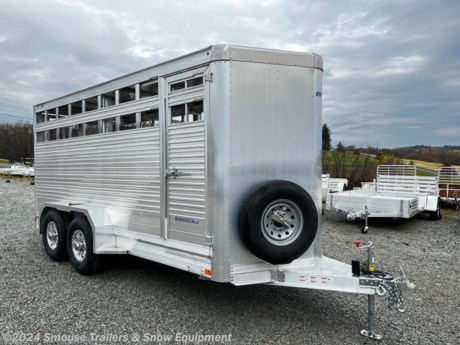 **NEW 2023 EBY Maverick LS 16&#39; Bumper Pull Aluminum Stock Trailer w/ Centergate**

GVWR# 10,000#
UNLADEN# 2535
PAYLOAD#7465

16 L x 6.5W x 7&#39; H

Centergate
(2) 5.2K Axles
235/85R16LRE On Aluminum Wheels
Flat Diamond Plate Flooring
Curbside Escape Door
Slat Pattern B - Top Air Spaces
Aluminum diamond plate floor
Fully framed and full-height side door
Heavy duty 12&quot; extruded aluminum bottom rail
Dexter torsion ride axles
Cast aluminum front and rear corners
Low step rear door

**WE ARE YOUR ONE STOP SHOP FOR ALL PENNDOT PAPERWORK, FINANCING &amp; INSPECTIONS WHEN YOU PURCHASE A TRAILER HERE AT SMOUSE&#39;S.**
\*\* FINANCING AVAILABLE FOR THOSE WHO QUALIFY
\*\* FULL SERVICE CENTER TO INCLUDE INSPECTION,REPAIRS &amp; MODIFICATIONS
\*\* WE STOCK TRAILER PARTS AND ACCESSORIES
\*\* NEED A BRAKE CONTROL? WE INSTALL YOUR BREAK CONTROL WHILE WE ARE DOING YOUR PAPERWORK (IF TRUCK IS PREWIRED) ON YOUR NEW TRAILER.
\*\* WE ARE A MEMBER OF COSTARS
\_ **WE ACCEPT CASH-CHECK, VISA &amp; MASTERCARD** \_
\*Price, if shown, does not include government &amp; PENNDOT fees, taxes, dealer document preparation charges or any finance charges (if applicable). FOB Mt Pleasant, Pa
Final actual sales price will vary depending on options or accessories selected.
NOTE: Models with a price of &quot;Request a Quote&quot; are always included in a $0 search, regardless of actual value