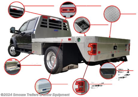 **NEW EBY &quot;BIG COUNTRY&quot; 8.6&quot; x 101 1/4&quot; ALUMINUM FLAT BED**

**8&#39;6&quot; long x 101&quot; wide for 56&quot; CA Dual Rear Wheel pick-ups**

Tapered bulkhead with integrated high mount LED combo and work lights for terrific visibility and lots of light for night work
EBY Exclusive 20&quot; extruded buck-plate with cast aluminum corners and LED tail lights provides great styling and durability
HD .156&quot; diamond plate floor hauls anything from pallets of cement to feed for cattle
Tapered rear corners give you the widest possible turn radius for your trailer

Sub-Structure is 5&quot; j-sills and 3&quot; cross members for cab and chassis
Sub-Structure is 3&quot; wide x 5&quot; thick flat bar and 3&quot; cross-members on pick-up box deletes
Rear window grill tapered to match cab and punched to allow maximum rear visibility
HD Aluminum 5&quot; high extruded side rails with stake pockets and rub-rails for tie-downs
Formed aluminum wing brackets transition from bulkhead to body and help retain cargo
EZ-Open trap door to access gooseneck hitch
EBY mounting kits are provided at no extra charge!

WE ARE YOUR ONE STOP SHOP FOR ALL PENNDOT PAPERWORK, FINANCING &amp; INSPECTIONS WHEN YOU PURCHASE A TRAILER HERE AT SMOUSE&#39;S.

\*\* FINANCING AVAILABLE FOR THOSE WHO QUALIFY

\*\* FULL SERVICE CENTER TO INCLUDE INSPECTION,REPAIRS &amp; MODIFICATIONS

\*\* WE STOCK TRAILER PARTS AND ACCESSORIES

\*\* NEED A BRAKE CONTROL? WE INSTALL YOUR BREAK CONTROL WHILE WE ARE DOING YOUR PAPERWORK (IF TRUCK IS PREWIRED) ON YOUR NEW TRAILER.

\*\* WE ARE A MEMBER OF COSTARS

**\_ WE ACCEPT CASH-CHECK, VISA &amp; MASTERCARD \_**

\*Price, if shown, doesn&#39;t include government &amp; PENNDOT fees, taxes, dealer document preparation charges or any finance charges (if applicable). FOB Mt Pleasant, Pa

Final actual sales price will vary depending on options or accessories selected.

NOTE: Models with a price of &quot;Request a Quote&quot; are always included in a $0 search, regardless of actual value