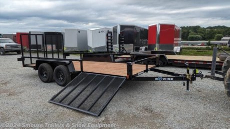NEW 2024 BWise 7x16 Utility Trailer w/ Split Landscape Gate &amp; SIDE GATE

## CASH OR CHECK PRICE $4799!!!

GVW: 7000#
Unladen: 1950#
Payload: 5075#

**Model: UT-716-SR**

SPECS:
82&quot;W x 16&#39;L
2 5/16&quot; Adjustable Coupler
2k Top Wind Jack
Split Landscape Gate
3.5k II Tandem Axle - Elec
ST20575R15 Rad Black Mod
2&quot; Pressure Treated Decking

**WE ARE YOUR ONE STOP SHOP FOR ALL PENNDOT PAPERWORK, FINANCING &amp; INSPECTIONS WHEN YOU PURCHASE A TRAILER HERE AT SMOUSE&#39;S.**
\*\* FINANCING AVAILABLE FOR THOSE WHO QUALIFY
\*\* FULL SERVICE CENTER TO INCLUDE INSPECTION,REPAIRS &amp; MODIFICATIONS
\*\* WE STOCK TRAILER PARTS AND ACCESSORIES
\*\* NEED A BRAKE CONTROL? WE INSTALL YOUR BREAK CONTROL WHILE WE ARE DOING YOUR PAPERWORK (IF TRUCK IS PREWIRED) ON YOUR NEW TRAILER.
\*\* WE ARE A MEMBER OF COSTARS
\_ **WE ACCEPT CASH-CHECK, VISA &amp; MASTERCARD** \_
\*Price, if shown, does not include government &amp; PENNDOT fees, taxes, dealer document preparation charges or any finance charges (if applicable). FOB Mt Pleasant, Pa
Final actual sales price will vary depending on options or accessories selected.
NOTE: Models with a price of &quot;Request a Quote&quot; are always included in a $0 search, regardless of actual value