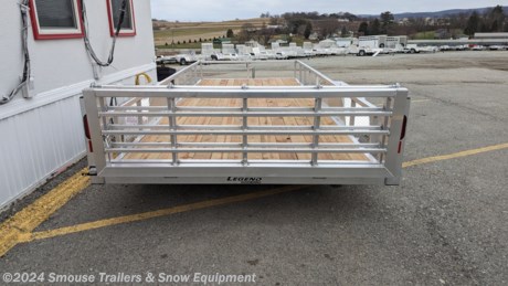 NEW 2024 Legend 7x14 Open Deluxe Aluminum Tandem Axle Utility Trailer LG377

**OPTIONS ADDED:**
**20575R15 Gunmetal Gray Aluminum Wheels**
**80&quot; x 48&quot; Square Bi-Fold Gate**

## CASH, CHECK OR FINANCING PRICE $5725!!!!

**MODEL: 7X14OD - VIN: 5WMBF142XR1009760 (LG377)**

GVW: 7000#
Unladen: 1160#
Payload: 5840#

**COMMON USES**
General Cargo, ATV/UTV, Powersports, Lawn &amp; Landscape

The Legend Open Deluxe trailer is the quintessential aluminum utility trailer. ATV.com cited the Legend build quality when it named the Open Deluxe one of the 5 best UTV trailers. Standard with a radius style fold-in ramp gate, feel free to customize with a bi-fold rear or side gate to really dress things up.

**MANUFACTURERS LIMITED WARRANTY**
Structural: 1 Year

**Model: 7x14OD**

**Overall Dimensions**
Overall Width: 102&quot;
Overall Height: 32&quot;
Interior Box Width: 82&quot;
Deck Height: 17&quot;
Top Rail Height: 15&quot;
Rear Load Type&quot; 48&quot; Ramp Gate

&lt;br&gt;
**Running Gear**
Axle Type: EZ-Lube Spring
Axle Size: 3,500# x 2
Brakes: 2 Braking Axles
Tire Size: ST205/75R15
Wheels: Gunmetal Aluminum

**Structural**
Cross Member Size: 2&quot; x 3&quot; Tube
Cross Member Spacing: 24&quot; OC
Frame: 2&quot; x 4&quot; Tube
Rail Uprights: 1.5&quot; x 1.5&quot; Tube
Tongue: 3&quot; x 6&quot; Tube
Top Rail: 2&quot; x 2&quot; Tube
Floor: Dura Color 5/4&quot; Radius Edge Decking
Exterior Lighting Type: Surface Mount L.E.D.

&lt;br&gt;
**Components**
Coupler: 2-5/16&quot; Straight
Jack: 2,000# Top-Wind
Fenders: ATP Fender
Tie Downs: Stake Pockets

&lt;br&gt;
&lt;br&gt;
&lt;br&gt;
&lt;br&gt;
&lt;br&gt;
**WE ARE YOUR ONE STOP SHOP FOR ALL PENNDOT PAPERWORK, FINANCING &amp; INSPECTIONS WHEN YOU PURCHASE A TRAILER HERE AT SMOUSE&#39;S.**

\*\* FINANCING AVAILABLE FOR THOSE WHO QUALIFY
\*\* FULL SERVICE CENTER TO INCLUDE INSPECTION,REPAIRS &amp; MODIFICATIONS
\*\* WE STOCK TRAILER PARTS AND ACCESSORIES
\*\* NEED A BRAKE CONTROL? WE INSTALL YOUR BREAK CONTROL WHILE WE ARE DOING YOUR PAPERWORK (IF TRUCK IS PREWIRED) ON YOUR NEW TRAILER.
\*\* WE ARE A MEMBER OF COSTARS

**WE ACCEPT CASH-CHECK, VISA &amp; MASTERCARD**

\*Price, if shown, does not include government &amp; PENNDOT fees, taxes, dealer document preparation charges or any finance charges (if applicable). FOB Mt Pleasant, Pa
Final actual sales price will vary depending on options or accessories selected.
NOTE: Models with a price of &quot;Request a Quote&quot; are always included in a $0 search, regardless of actual value