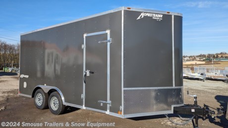 NEW 2024 Homesteader 8.5 x 16 Champion Cargo Trailer w/ Barn Doors HS857

**OPTIONS ADDED:**
**.080 POLYCOR EXTERIOR**
**84&quot; Inside (78&quot; Doors)**
**V-Nose w/ 60&quot; Tongue**
**Adjustable Coupler**

## $9999!!! IS CASH, CHECK OR FINANCING PRICE!!!

GVW: 7000#
Unladen: 2972#
Payload: 4028#

**MODEL: 816AB**

**SPECS**
Overall Length: 20’4?
Overall Height: 8&#39;5&quot;
Interior Length: 16&#39;4&quot;
Interior Height: 84&quot;
Door Height: 78&quot;

Standard Features
102? Wide Body
2x6 Tube Steel Frame
Under Coated Frame
Full Height Crossmembers
Tubular Steel Wall Posts 16? O.C.
Tubular Steel Roof Supports 16? O.C.
Independent Torsion Suspension Axles
11 Year Manufactured Limited Warranty on Torsion Axles
EZ Lube Hubs
4-wheel Brakes
Modular-Styled Steel Wheels
Trailer Rated Radial Tires
Chrome Hub Covers
Breakaway Kit with Battery and Charger
7-way Molded Light Plug
Complete LED Lighting
3 Member A-Frame Tongue
5,000 lb Tongue Jack
2 5/16? Coupler
Safety Chains
Front Aluminum Treadplate Stoneguard
Polished Aluminum Front Corners
One piece aluminum Roof
High Tech Self-Leveling Roof Sealant
Long Life Coated Fasteners
Automotive Style Weather-stripping
Rear Ramp Door w/ Spring Cable Assist
Ramp Door Extension Flap
4&#39; Beavertail at ramp door
32? Side Entry Door with Steel Stepwell
Semi-Trailer Style Door Fastener Bars with Zinc-Coated Finish
Keyed Lockable Door Hasp
Door Grab Handles
Finished &amp; Trimmed White Vinyl Ceiling
Enclosed Front Header and Rear Spring Cover
Premium Quality 3/8? Plywood Interior Walls
3/4? Exterior Grade Plywood Floor
4-5,000# D-Ring Tie Downs
2 Interior Lights
Wall Switch
Flow thru Vent System
3 Year Structural Warranty
Aerodynamic TPO (Thermo-Plastic Poly-Olefins) Nosecap
Radius Front Corners
D.O.T. Compliant Conspicuity Tape
6&#39;6? Interior Height
Recessed Door Seals on Swing Door Applications
5? Exterior Fastener Pattern
Door Hold Back Chains
Door Retainers
Premium Enamel Paint on Exposed Frame
NATM Certified

&lt;br&gt;
Champion Enclosed Cargo Trailers
The Premium Champion series of enclosed car trailers is an excellent choice for race car enthusiasts, go-kart racers, and car lovers alike! Our enclosed car hauler trailer is specifically designed to meet the needs of those seeking a race car trailer, antique car trailer, go-kart trailer, motorcycle trailer, or any other car hauling requirements. Created by Homesteader, the Champion enclosed trailer is a top-quality car-hauler trailer tailored to the preferences of today&#39;s auto enthusiasts.

The Champion enclosed auto trailer series possesses a range of outstanding construction features, including a wide 102? body construction, sturdy 3/4? exterior grade plywood flooring, premium grade 3/8? plywood wall liner, floor crossmembers, and wall posts at 16? O.C., 2x6 tube steel main rail construction, and outriggers to ensure maximum strength and durability! Inside, the Champion enclosed auto trailer series is finished to perfection with elegant all-aluminum trim adorning the floor and ceiling. Furthermore, the Champion enclosed car trailer is equipped with a ceiling liner and 2 interior lights as standard features. To safeguard your valuable vehicle, we have fitted the Champion enclosed car hauler trailer with four 5000 lb. floor mount D-Rings.

We have also enhanced the functionality of the Champion enclosed auto trailer for efficient vehicle transportation, featuring a rear ramp door with spring cable assist and a beavertail for easy loading. Ensuring a smooth ride, the Champion enclosed car hauler trailer series comes equipped with Rubber ride Torsion axles and radial tires.

The Champion enclosed car hauler trailer is equipped with standard features that enhance its exterior. These include polished front chrome corners and an aluminum treadplate stoneguard, which protect the trailer from any potential road hazards. For easy access to your belongings inside, the Champion enclosed auto trailer is fitted with a 32? curbside door and a steel stepwell.

To cater to your specific requirements, the Champion enclosed auto trailer series offers a wide range of customization options. Some of the most popular choices among customers include side escape doors, axle upgrades, white finished interiors, air conditioning, 110V lighting and receptacles, a generator door, awnings, roof vents, a vee nose, and a walk-on roof. These options allow you to personalize the trailer to best suit your needs.
When you examine the Champion car hauler trailer series, you will undoubtedly appreciate its design, specifically tailored for those with discerning taste. This trailer series embodies the qualities of a true winner, and we are confident that you will recognize and agree with that.

**WE ARE YOUR ONE STOP SHOP FOR ALL PENNDOT PAPERWORK, FINANCING &amp; INSPECTIONS WHEN YOU PURCHASE A TRAILER HERE AT SMOUSE&#39;S.**

\*\* FINANCING AVAILABLE FOR THOSE WHO QUALIFY
\*\* FULL SERVICE CENTER TO INCLUDE INSPECTION,REPAIRS &amp; MODIFICATIONS
\*\* WE STOCK TRAILER PARTS AND ACCESSORIES
\*\* NEED A BRAKE CONTROL? WE INSTALL YOUR BREAK CONTROL WHILE WE ARE DOING YOUR PAPERWORK (IF TRUCK IS PREWIRED) ON YOUR NEW TRAILER.
\*\* WE ARE A MEMBER OF COSTARS

\_ **WE ACCEPT CASH-CHECK, VISA &amp; MASTERCARD** \_

\*Price, if shown, does not include government &amp; PENNDOT fees, taxes, dealer document preparation charges or any finance charges (if applicable). FOB Mt Pleasant, Pa
Final actual sales price will vary depending on options or accessories selected.
NOTE: Models with a price of &quot;Request a Quote&quot; are always included in a $0 search, regardless of actual value