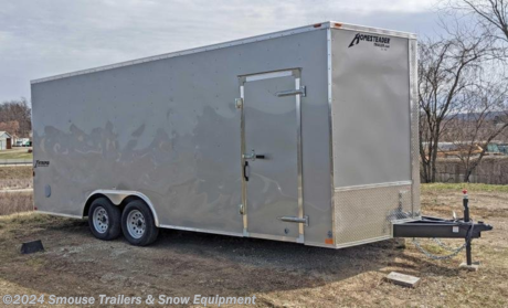 NEW 2024 Homesteader 8.5 x 20 Intrepid V-Nose Car Hauler w/ Ramp Door - **HS937**

**OPTIONS ADDED:**
**78&quot; Inside (78&quot; Door)**
**Beavertail**
**Ramp w/ Extended Wood Flap**
**(4) Recessed D-Rings**
**Wall Vents**

## $8975!!! IS CASH, CHECK OR FINANCING PRICE!!!

GVW: 7000#
Unladen: 3499#
Payload: 3501#

**Model: 820IT**

SPECS:
Overall Length: 24&#39;4&quot;
Overall Height: 8&#39;6&quot;
Overall Width: 102&quot;
Interior Length: 21&#39;
Interior Height: 78&quot;
Interior Width: 8&#39;
Door Opening Height: 78&quot;
Door Opening Width: 7&#39;6&quot;

FEATURES:
Heavy Duty All Steel Boxed Frame Body
Tubular Steel Wall and Roof Structure
Under Coated Frame
Wall and Roof Crossmembers 24&quot; O.C. (16&quot; O.C. 8&#39; wide models)
Floor Crossmembers 24&quot; O.C. Single (16&quot; O.C. Tandem)
2&#39; V- Nose with ATP point
Aluminum Exterior with Baked Enamel Finish
One Piece Aluminum Roof
High Tech Roof Sealant
Heavy Duty Exterior Trim
Automotive Quality Gaskets &amp; Seals
LED Lights
3/4&quot; Exterior Grade Plywood Flooring
3/8&quot; Plywood Interior Wall Liner
32&quot; Side Door
Double Rear Doors (Single Door on 5&#39; Wide Models)
Interior Light
Aluminum Fenders
Modular Style Steel Wheels
Trailer Rated Radial Tires
EZ Lube Axles
Door Holdbacks
Breakaway Kit with Battery, and Charger (Tandem Models)
2000 lb. Top-wind Tongue Jack
Exterior Fasteners 6&quot; O.C.
24&quot; ATP Stoneguard
D.O.T. Compliant Lighting
D.O.T. Compliant Conspicuity Tape
2&quot; Coupler on single axle models
2 5/16&quot; Coupler on Tandem axle models
NATM Certified

**Intrepid Enclosed Trailers**

**The Intrepid is an exciting series is packed full of standard features that are certain to turn heads! Standard features include, but are not limited to: 2&#39; Vee-Nose, 2&#39; Aluminum Treadplate Stoneguard, 32&quot; Side Door, 6&#39;6&quot; high sidewall on 8&#39; wide models, 6&#39; high sidewall on 6&#39; &amp; 7&#39; wide models, 5&#39;6&quot; high sidewall on 5&#39; wide models, Interior Light, 3,500 lb drop EZ Lube axle, Trailer Rated Radial Tires, Aluminum ATP Fenders, 3/4&quot; plywood Exterior grade plywood floor, and 3/8&quot; plywood lined interior walls.**

**This series will fill the needs of many customers. Whether used for small business, motorcycle enthusiast, flea marketers, or a wide array of other needs the Intrepid is ready for any occupation. The styling and features of the Intrepid make it a very desirable trailer for many of today&#39;s trailer users.**

&lt;br&gt;
&lt;br&gt;
**WE ARE YOUR ONE STOP SHOP FOR ALL PENNDOT PAPERWORK, FINANCING &amp; INSPECTIONS WHEN YOU PURCHASE A TRAILER HERE AT SMOUSE&#39;S.**

\*\* FINANCING AVAILABLE FOR THOSE WHO QUALIFY
\*\* FULL SERVICE CENTER TO INCLUDE INSPECTION,REPAIRS &amp; MODIFICATIONS
\*\* WE STOCK TRAILER PARTS AND ACCESSORIES
\*\* NEED A BRAKE CONTROL? WE INSTALL YOUR BREAK CONTROL WHILE WE ARE DOING YOUR PAPERWORK (IF TRUCK IS PREWIRED) ON YOUR NEW TRAILER.
\*\* WE ARE A MEMBER OF COSTARS

\_ **WE ACCEPT CASH-CHECK, VISA &amp; MASTERCARD** \_

\*Price, if shown, does not include government &amp; PENNDOT fees, taxes, dealer document preparation charges or any finance charges (if applicable). FOB Mt Pleasant, Pa
Final actual sales price will vary depending on options or accessories selected.
NOTE: Models with a price of &quot;Request a Quote&quot; are always included in a $0 search, regardless of actual value