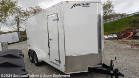 NEW 2024 Homesteader 7x16 HD Intrepid V-Nose Cargo Trailer w/ Ramp Door - **HS962**

**OPTIONS ADDED:**
**12&quot; Additional Height (84&quot; Inside, 80&quot; Door)**
**16&quot; OC Roof Bows IPO 24&quot;**
**16&quot; Wall Tube OPO 24&quot;**
**6&quot; Tube Frame w/ Outriggers**
**60&quot; Tongue w/ Adjustable Coupler**
**22575R15 Silver Mod Wheels**
**Wall Vents**

## **$7899!!! IS CASH, CHECK OR FINANCING PRICE!!!!**

Model: 716IT

GVW: 9950#
Unladen: 2639#
Payload: 7311#

Intrepid Enclosed Trailers
The Intrepid is an exciting series is packed full of standard features that are certain to turn heads! Standard features include, but are not limited to: 2&#39; Vee-Nose, 2&#39; Aluminum Treadplate Stoneguard, 32&quot; Side Door, 6&#39;6&quot; high sidewall on 8&#39; wide models, 6&#39; high sidewall on 6&#39; &amp; 7&#39; wide models, 5&#39;6&quot; high sidewall on 5&#39; wide models, Interior Light, 3,500 lb drop EZ Lube axle, Trailer Rated Radial Tires, Aluminum ATP Fenders, 3/4&quot; plywood Exterior grade plywood floor, and 3/8&quot; plywood lined interior walls.

This series will fill the needs of many customers. Whether used for small business, motorcycle enthusiast, flea marketers, or a wide array of other needs the Intrepid is ready for any occupation. The styling and features of the Intrepid make it a very desirable trailer for many of today&#39;s trailer users.

SPECS:
Overall Length: 19&#39;10&quot;
Overall Height: 8&#39;
Overall Width: 102&quot;
Interior Length: 17&#39;6&quot;
Interior Height: 78&quot;
Interior Width: 6&#39;8&quot;
Door Opening Height: 74&quot;
Door Opening Width: 6&#39;2&quot;.

FEATURES:
Heavy Duty All Steel Boxed Frame Body
Tubular Steel Wall and Roof Structure
Under Coated Frame
Wall and Roof Crossmembers 24&quot; O.C.
Floor Crossmembers 16&quot; O.C. Single
2&#39; V- Nose with ATP poin
Aluminum Exterior with Baked Enael Finish
One Piece Aluminum Roof
High Tech Roof Sealant
Heavy Duty Exterior Trim
Automotive Quality Gaskets &amp; Seals
LED Lights
3/4&quot; Exterior Grade Plywood Flooring
3/8&quot; Plywood Interior Wall Liner
32&quot; Side Door
Interior Light
Aluminum Fenders
Modular Style Steel Wheels
Trailer Rated Radial Tires
EZ Lube Axles
Door Holdbacks
Breakaway Kit with Battery, and Charger (Tandem Models)
2000 lb. Top-wind Tongue Jack
Exterior Fasteners 6&quot; O.C.
24&quot; ATP Stoneguard
D.O.T. Compliant Lighting
D.O.T. Compliant Conspicuity Tape
2 5/16&quot; Coupler on Tandem axle models
NATM Certified

WE ARE YOUR ONE STOP SHOP FOR ALL PENNDOT PAPERWORK, FINANCING &amp; INSPECTIONS WHEN YOU PURCHASE A TRAILER HERE AT SMOUSE&#39;S.

\*\* FINANCING AVAILABLE FOR THOSE WHO QUALIFY

\*\* FULL SERVICE CENTER TO INCLUDE INSPECTION,REPAIRS &amp; MODIFICATIONS

\*\* WE STOCK TRAILER PARTS AND ACCESSORIES

\*\* NEED A BRAKE CONTROL? WE INSTALL YOUR BREAK CONTROL WHILE WE ARE DOING YOUR PAPERWORK (IF TRUCK IS PREWIRED) ON YOUR NEW TRAILER.

\*\* **WE ARE A MEMBER OF COSTARS**

\_ **WE ACCEPT CASH-CHECK, VISA &amp; MASTERCARD \_**

\*Price, if shown, does not include government &amp; PENNDOT fees, taxes, dealer document preparation charges or any finance charges (if applicable). FOB Mt Pleasant, Pa

Final actual sales price will vary depending on options or accessories selected.

NOTE: Models with a price of &quot;Request a Quote&quot; are always included in a $0 search, regardless of actual value