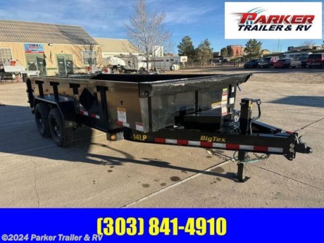 7x16 DUMP TRAILER 14LP-16BK
HEAVY DUTY LOW PROFILE DUMP TRAILER
MADE IN U.S.A.
THE 14 LP DUMP TRAILER FROM BIG TEX TRAILERS OFFERS ULTRA-LOW PROFILE DECK HEIGHT TO MAKE LOADING AND UNLOADING EASIER THAN EVER. DESIGNED WITH THE USER IN MIND, THIS UNIT HAS AN 8 INCH I-BEAM FRAME.
STANDARD FEATURES:
ADJUSTABLE 2-5/16 INCH CAST COUPLER IN CHANNEL
7,000 LB SPRING LOADED DROP LEG JACK, TOP WIND
LOCKABLE PUMP AND BATTERY BOX MOUNTED IN FRONT OF BED
SELF CONTAINED ELECTRIC/ HYDRAULIC SCISSOR HOIST
COMPLETE BRAKE AWAY SYSTEM
12V INTERSTATE BATTERY INCLUDED
110V ON-BOARD BATTERY CHARGER (5 AMP)
FULLY FORMED FRONT SHROUD FOR TARP
CRANK STYLE ROLL TARP INCLUDED
TARP ROD INCLUDED TO SECURE TARP ON REAR
2 INCH SQUARE TUBING TOP RAIL
24 INCH TALL, 12 GAUGE STEEL SIDES
10-GAUGE STEEL FLOOR
(4) INCH D-RINGS INSIDE BED TO SECURE EQUIPMENT
STAKE POCKETS ALONG SIDES
8 INCH I-BEAM FRAME WITH INTEGRATED TONGUE
CAMBERED, LIPPERT BRAND AXLES
DROP AXLES FOR ULTA-LOW 24 INCH DECK HEIGHT
EZ LUBE HUBS
NEV-R-ADJUST ELECTRIC BRAKES ON ALL HUBS
DIAMOND PLATE FENDERS
RADIAL TIRES
SPARE TIRE MOUNT
COMBO STYLE REAR GATE
SPRING LOADED DOOR HOLD-BACKS
J-HOOKS ON SIDES AND REAR FOR TARP CONTROL
GROMMET MOUNT SEALED LIGHTING
L.E.D. LIGHTING PACKAGE
PROTECTED WIRING
CASH, CHECK OR FINANCED PRICE
FINANCING AVAILABLE TO THOSE WHO QUALIFY
NOT RESPONSIBLE FOR TYPOGRAPHICAL ERRORS