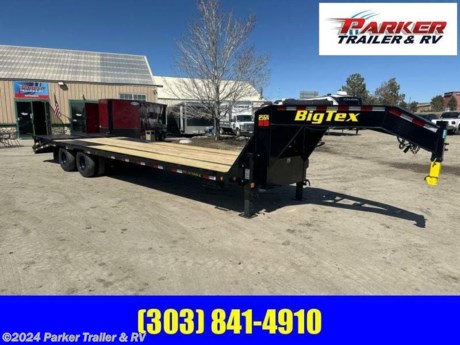8.5&#39; X 30&#39;-25GN HDTANDEM DUAL AXLE GOOSENECK
MADE IN THE U.S.A.
THE 25GN FROM BIG TEX TRAILERS FEATURES 12K HEAVY DUTY AXLES WITH DEXTER ADJUSTABLE SUSPENSION. THIS DURABLE GOOSENECK TRAILER COMES EQUIPPED WITH A LOW PROFILE PIERCED-BEAM FRAME, LED LIGHTS, ADJUSTABLE DUAL JACKS, A CHAIN BOX AND CRANK STYLE ADJUSTABLE COUPLER
STANDARD FEATURES:
2-5/16 INCH BALL ADJUSTABLE COUPLER-SQUARE CRANK TYPE
DUAL TWO SPEED LANDING GEAR 50K CAPACITY (BOLTED ON)
MODULAR SEALED WIRING HARNESS
COMPLETE BREAK-A-WAY SYSTEM W/ CHARGER
LARGE LOCKABLE TOOLBOX BETWEEN GN UPRIGHTS
SPARE TIRE MOUNT (TOP OF NECK)
SPARE TIRE &amp;amp; WHEEL-STANDARD EQUIPPED
1- INCH PIPE CHAIN SPOOLS BETWEEN TIE DOWN POCKETS
(2) SIDE BED STEPS &amp;amp; HANDLES
... INCH HEAVY DUTY RUB RAIL
LOW PROFILE BED, PIERCED-BEAM FRAME
102 INCHES OVERALL WIDTH
2 INCH TREATED PINE FLOOR
TIE DOWN POCKETS ALONG SIDES, 24 INCH ON CENTER
RADIAL TIRES ST235/80R16 LOAD RANGE E DUAL
MUD FLAPS
