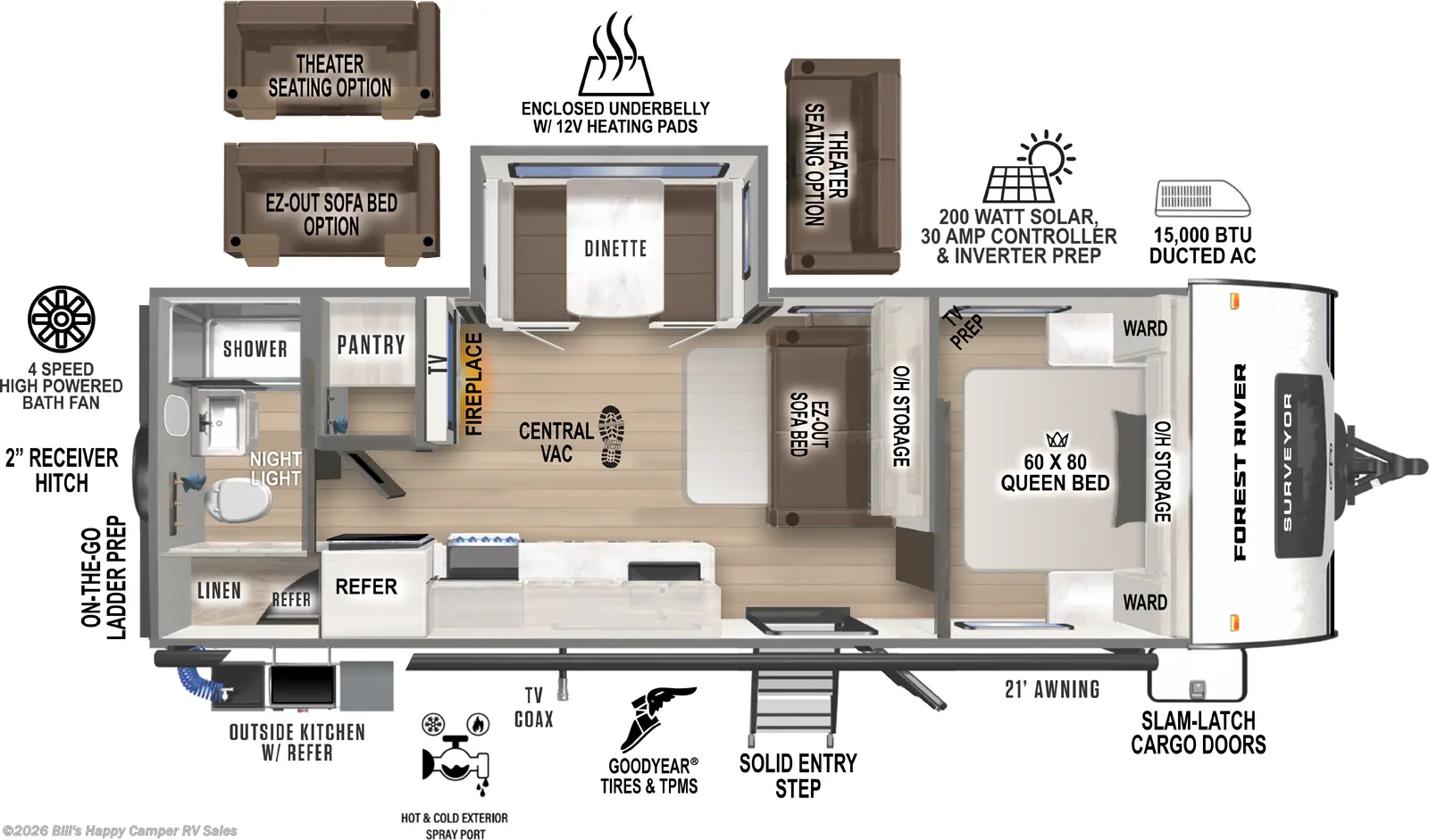 2026 Forest River Surveyor Legend 252RBLE - New Travel Trailer For Sale by Bill's Happy Camper RV Sales in Mill Hall, Pennsylvania features Furnace, Heated Underbelly, Water Heater, Azdel Composite Panels, Insulated