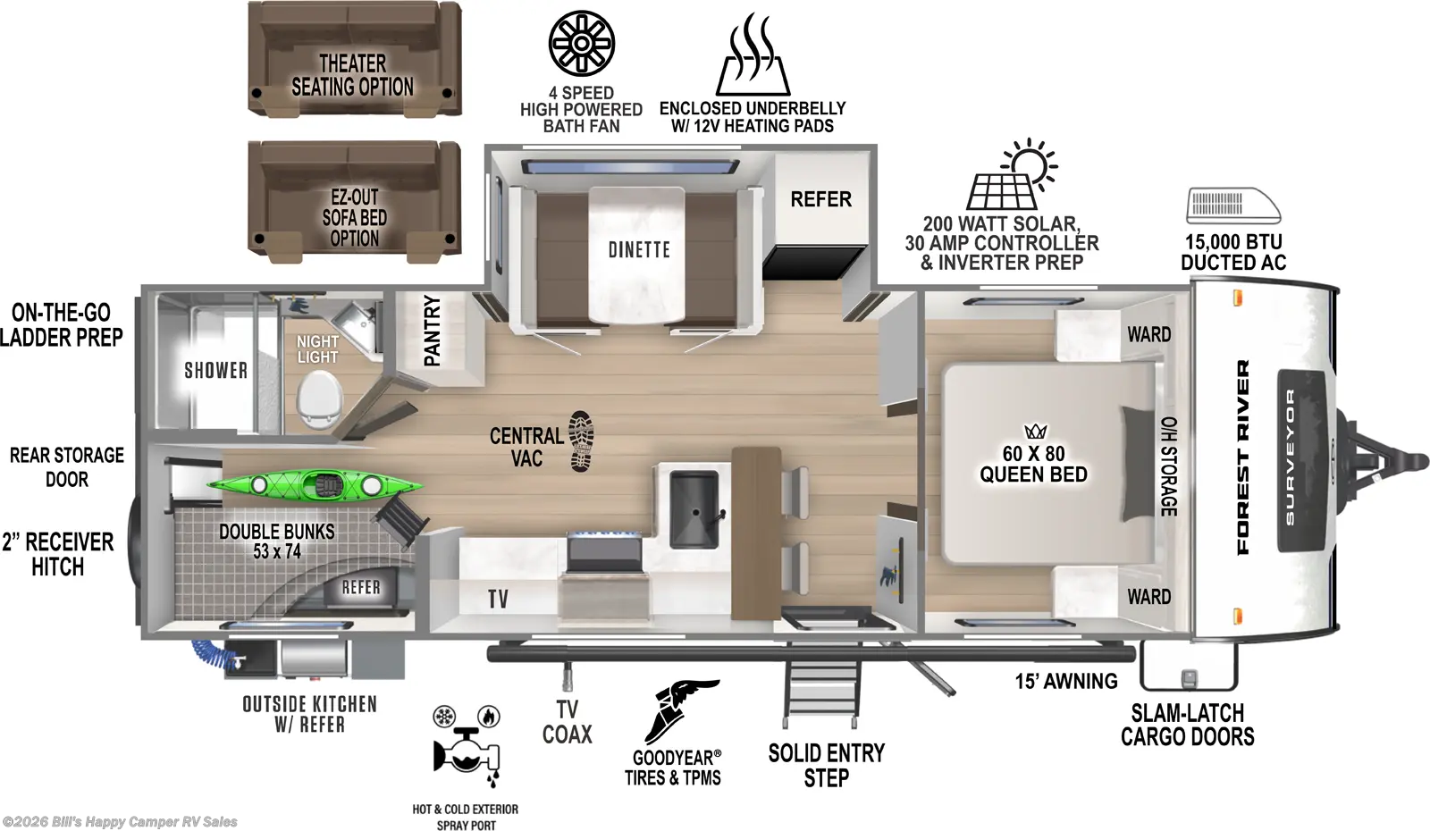 2026 Forest River Surveyor Legend 260BHLE - New Travel Trailer For Sale by Bill's Happy Camper RV Sales in Mill Hall, Pennsylvania features Overhead Cabinetry, Exterior Speakers, Oven, Slam Latch Baggage Doors, Booth Dinette