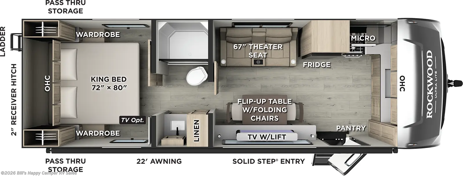 2026 Forest River Rockwood Ultra Lite 301FKT - New Travel Trailer For Sale by Bill's Happy Camper RV Sales in Mill Hall, Pennsylvania features Heated Underbelly, Solar Panel, Wardrobe(s), Smart TV, External Shower