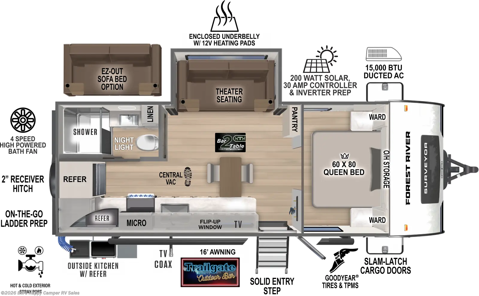 2026 Forest River Surveyor Legend 205RKLE - New Travel Trailer For Sale by Bill's Happy Camper RV Sales in Mill Hall, Pennsylvania features Stove Cover, Exterior Refrigerator, Slideout, Theater Seating, Queen Mattress