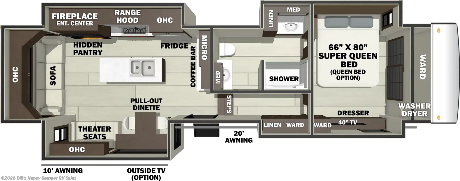 2027 Forest River RiverStone 38BMB - New Fifth Wheel For Sale by Bill's Happy Camper RV Sales in Mill Hall, Pennsylvania features Pass Thru Storage, Smoke Detector, Island Kitchen, Backup Camera, Pantry