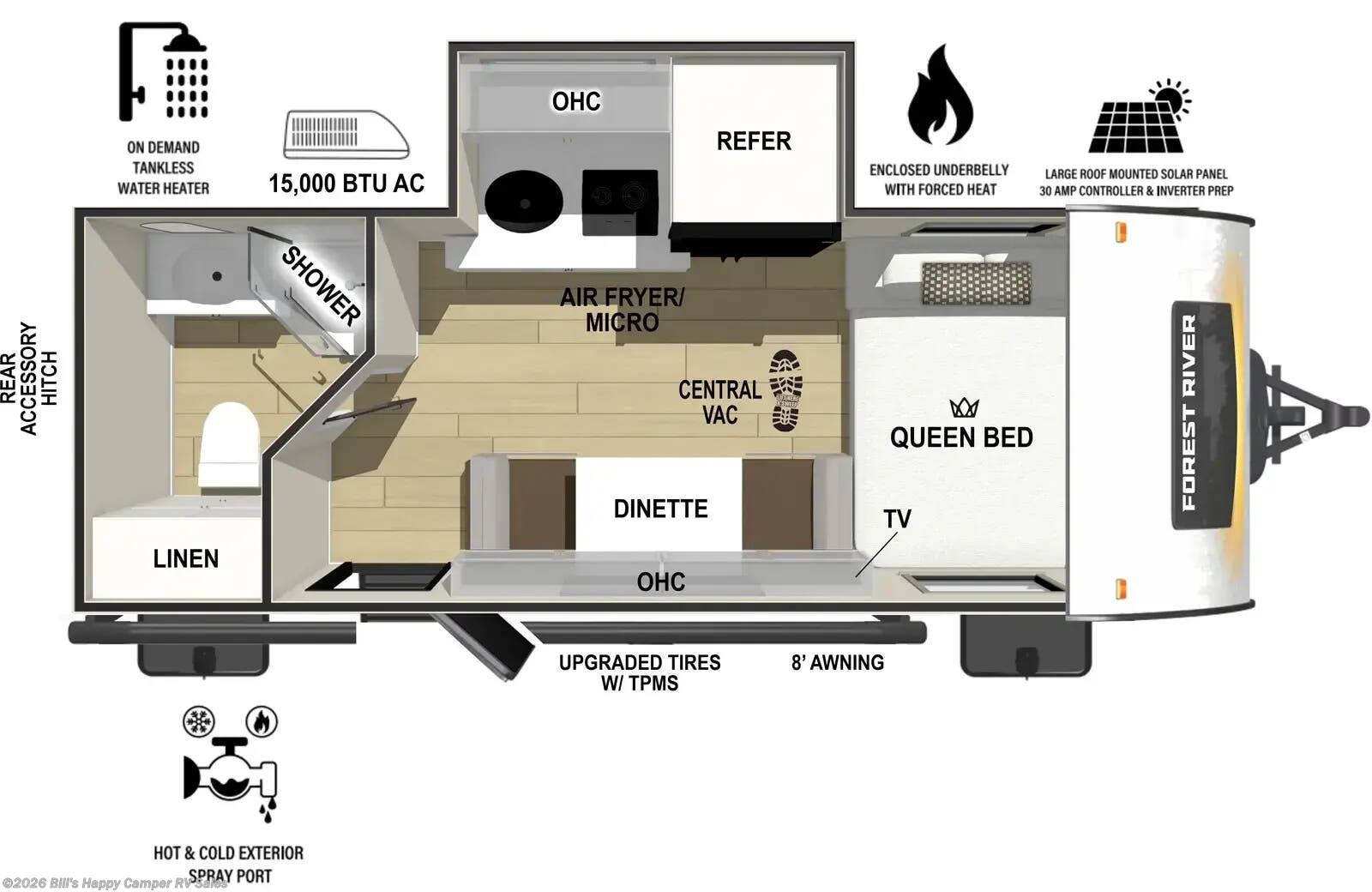 2027 Forest River R-Pod 180 - New Travel Trailer For Sale by Bill's Happy Camper RV Sales in Mill Hall, Pennsylvania features Overhead Cabinetry, Air Conditioning, Microwave, Power Awning, Auxiliary Battery
