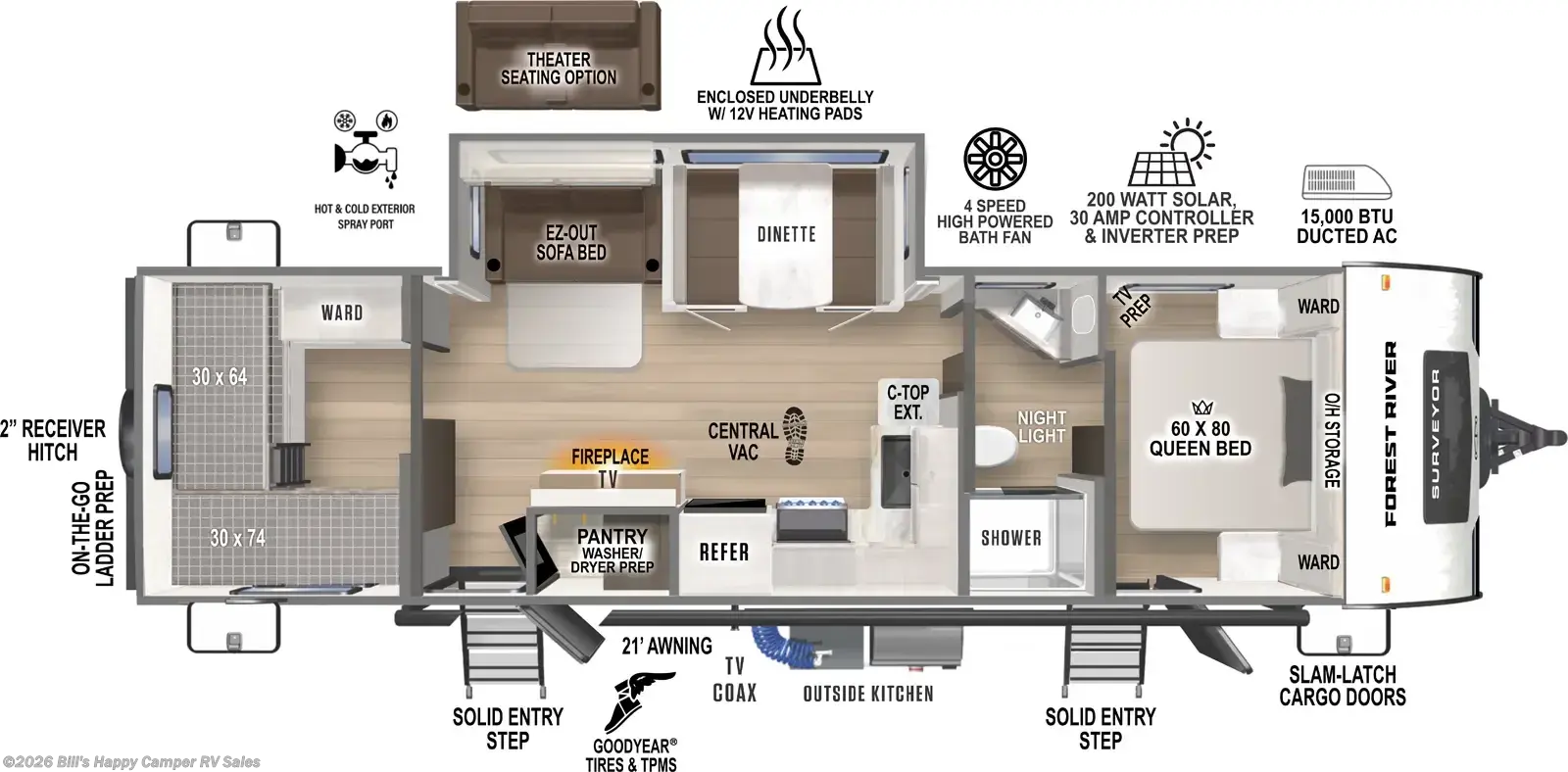 2027 Forest River Surveyor Legend 296QBLE - New Travel Trailer For Sale by Bill's Happy Camper RV Sales in Mill Hall, Pennsylvania features Refrigerator (12V), Hitch, 50 Amp Service, Pass Thru Storage, Power Awning