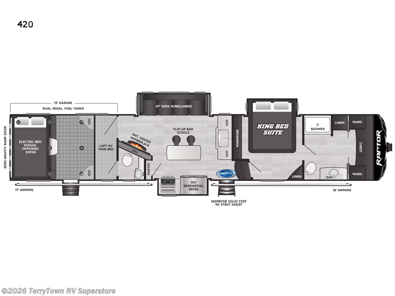 2023 Keystone Raptor 420 - New Toy Hauler For Sale by TerryTown RV Superstore in Grand Rapids, Michigan features Slideout