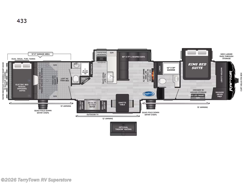 2025 Keystone Raptor 433 - New Toy Hauler For Sale by TerryTown RV Superstore in Grand Rapids, Michigan features Slideout