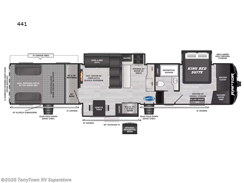 2026 Keystone Raptor 441HB - New Toy Hauler For Sale by TerryTown RV Superstore in Grand Rapids, Michigan features Slideout
