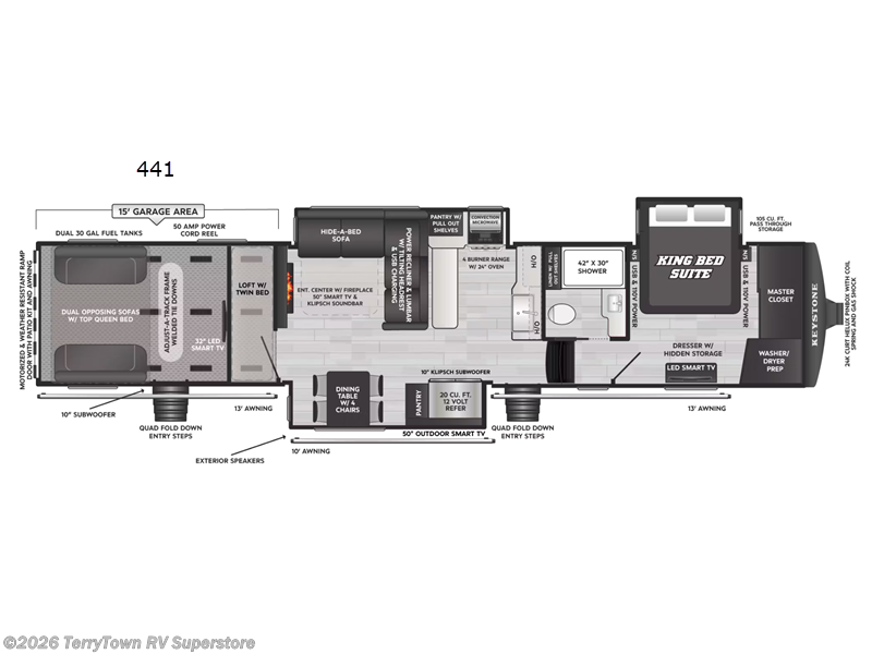 2026 Keystone Raptor 441 - New Toy Hauler For Sale by TerryTown RV Superstore in Grand Rapids, Michigan features Slideout
