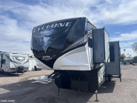 &lt;p&gt;2021 HEARTLAND CYCLONE 4101 MODEL THAT HAS BEEN IMPECCABLY MAINTAINED, 3A/C UNITS&lt;/p&gt;
&lt;p&gt;TOP 5 EXTERIOR FEATURES&lt;br&gt;1. Patent pending Stor-Mor three-sided access to basement with&lt;br&gt;30% more capacity&lt;br&gt;2. Armor Guard wrap around skirting&lt;br&gt;3. Glow Technology Graphics&lt;br&gt;4. Azdel laminated sidewalls and composite substrate creating a&lt;br&gt;strong, lightweight, quiet, weather and temperature resistant&lt;br&gt;wall that will increase the life of your RV&lt;br&gt;5. Ultimate outdoor kitchen combination&lt;br&gt;TOP 5 INTERIOR FEATURES&lt;br&gt;1. &amp;ldquo;Swift Space&amp;rdquo; work station creating a quick and convenient&lt;br&gt;pull out dresser work station&lt;br&gt;2. Maximum garage space with &amp;frac12; bathroom folding door&lt;br&gt;3. Tilting King bedroom suite with 30% more floor space&lt;br&gt;4. Culinary kitchen work space&lt;br&gt;5. Sunlight adjustable blackout shades&lt;/p&gt;