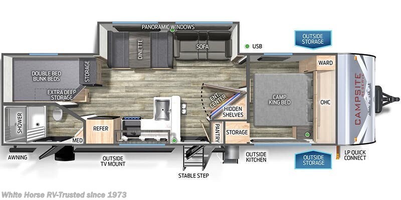 2025 Forest River Campsite Reserve 26CJ - Used Travel Trailer For Sale by White Horse RV Center in Egg Harbor City, New Jersey features PVC Roof, Pantry, Dinette, Fireplace, Stabilizer Jacks