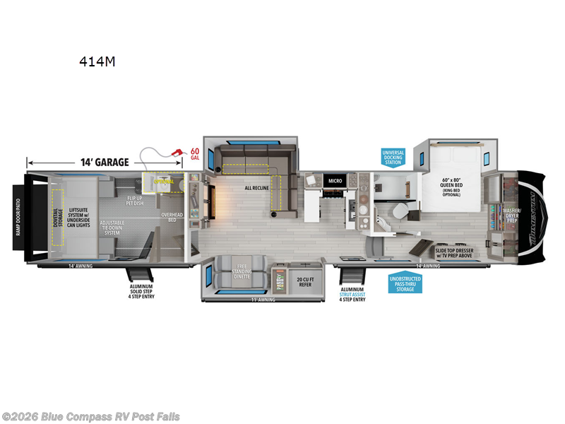 2025 Grand Design Momentum M-Class 414M - New Toy Hauler For Sale by Blue Compass RV Post Falls in Post Falls, Idaho features Slideout