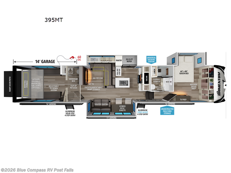 2026 Grand Design Momentum 395MT - New Toy Hauler For Sale by Blue Compass RV Post Falls in Post Falls, Idaho features Slideout