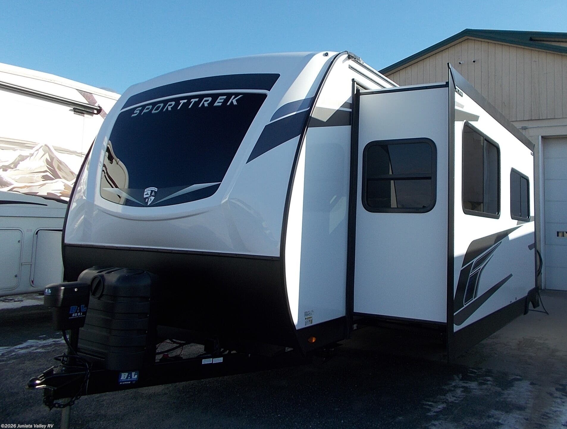 2025 Venture RV SportTrek 251VFK - New Travel Trailer For Sale by Juniata Valley RV in Mifflintown, Pennsylvania features Fireplace, Shower, Overhead Cabinetry, Medicine Cabinet, Power Hitch Jack