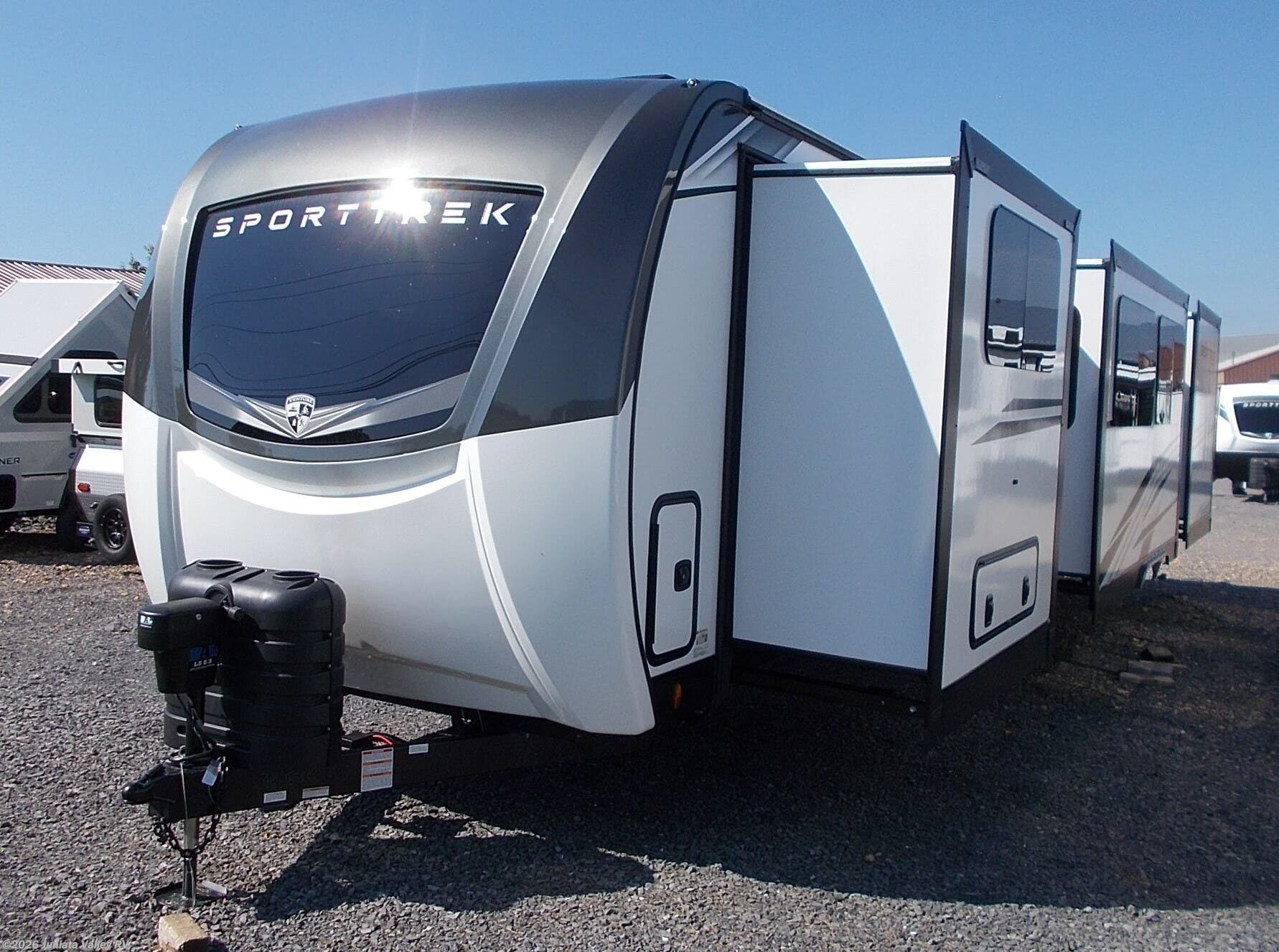 2027 Venture RV SportTrek Touring Edition 343VBH - New Travel Trailer For Sale by Juniata Valley RV in Mifflintown, Pennsylvania features Power Stabilizer Jacks, Stove Cover, Fire Extinguisher, Griddle, Ladder