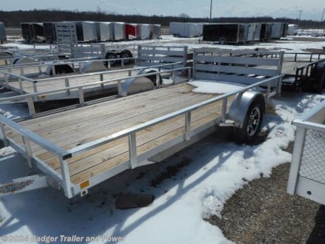 &lt;header&gt;
&lt;p class=&quot;c-heading-delta&quot;&gt;Description&lt;/p&gt;
&lt;/header&gt;
&lt;div&gt;82 x 14&#39; Aluminum Utility Trailer Rear Ramp: Standard Features - 14&quot; tall side aluminum rails. - Angle aluminum lower frame. - Rectangular aluminum tube uprights and top rail. - triple tube aluminuim tongue. - 2&quot; A-frame coupler with dual safety chains. - 2000lb coupler mounted jack. - 2x8 wood flooring. - Aluminum radius fenders. - 3500lb idler axle - 2990lb GVWR. - ST205-15 C rated radial tires on aluminum rims. - 44&quot; long, 2&quot; channels aluminum, lay-down ramp gate with fold-forward storage feature and spring loaded J-hooks with no pin removal. - LED tail and marker lights.&lt;/div&gt;