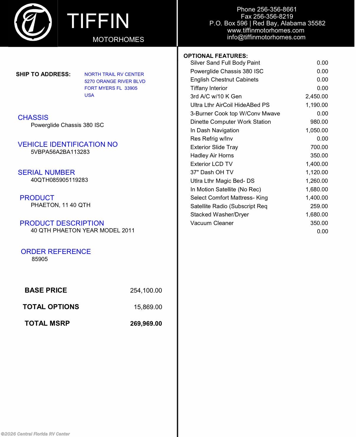 2011 Tiffin Phaeton 40 QTH - Used Class A for sale by Central Florida RV Center in Apopka, Florida