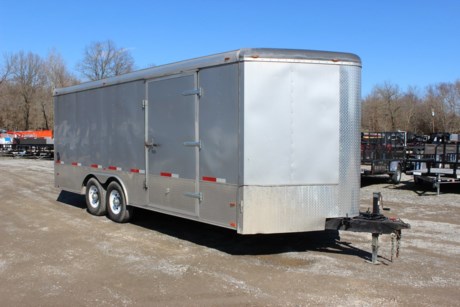 RENTAL UNIT. $150 PER DAY OR $600 PER WEEK. ATLAS 8.5  X 20  ENCLOSED CAR HAULER, REAR RAMP DOOR, 48  SIDE DOOR, FLOOR OR WALL TIE DOWNS, STRAPS AVAILABLE. INTERIOR DOME LIGHTS. REQUIRES 2-5/16  BALL FOR TOWING. COMES WITH A SPARE TIRE. RENTALS ARE ROUND TRIP ONLY AND REQUIRE A $100 REFUNDABLE DEPOSIT.
