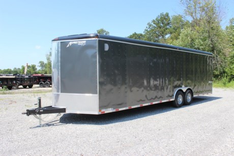 BRAND NEW 2021 HOMESTEADER 8.5&#39; X 28&#39; HERCULES ENCLOSED CARGO TRAILER, ROUND TOP WITH WEDGE NOSE, 2-7K ELECTRIC BRAKE AXLES, TORSION AXLES, 16&quot; RADIAL TIRES, 3/8&quot; PLYWOOD WALLS, 3/4&quot; PLYWOOD FLOOR, (4) FLOOR MOUNT D-RINGS, 12&quot; ON CENTER CROSS MEMBERS, 12&quot; ON CENTER WALL POSTS AND ROOF BOWS, 92&quot; INTERIOR HEIGHT, .030 GRAY ALUMINUM EXTERIOR, FLOW THRU SIDEWALL VENTS, LED LIGHTS, 24&quot; STONE GUARD ON FRONT, REAR RAMP DOOR WITH SPRING AND FLAP (DOUBLE REINFORCED), BOGEY WHEELS (PAIR), 48&quot; X 74&quot; BONDED SIDE DOOR W/ FLUSH MOUNT LOCK AND BARLOCK, 12 VOLT DOME LIGHT, ADJUSTABLE 14K PINTLE RING, 7K DROPLEG JACK, 72&quot; TRIPLE TUBE TONGUE.