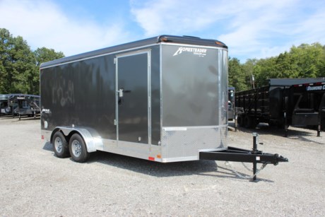 BRAND NEW 2021 HOMESTEADER 7  X 16  ENCLOSED CARGO TRAILER, ROUND TOP WITH WEDGE NOSE, 2-5.2K ELECTRIC BRAKE AXLES, TORSION AXLES, 15  RADIAL TIRES, WHITE VINYL WALL LINER, WHITE VINYL CEILING LINER WITH NOSECAP AND REAR HEADER ENCLOSURE, NON-SKID 3/4  PLYWOOD FLOOR, NON-SKID RAMP AND FLAP (WASHABLE), (4) RECESSED FLOOR MOUNT D-RINGS, 12  ON CENTER CROSS MEMBERS, 12  ON CENTER WALL POSTS, 84  INTERIOR HEIGHT, GRAY ALUMINUM EXTERIOR (SCREWLESS), 12  HIGH POLISHED ALUMINUM SIDES, POLISHED ALUM REAR FRAMEWORK, FLOW THRU SIDEWALL VENTS, LED LIGHTS, 24  STONE GUARD ON FRONT, REAR RAMP DOOR WITH SPRING ASSIST AND WOOD FLAP, BOGEY WHEELS (PAIR), 36  BONDED SIDE DOOR W/ FLUSH MOUNT LOCK AND BARLOCK, 12 VOLT LED DOME LIGHT, 2-5/16  ADJUSTABLE COUPLER, 8K DROPLEG JACK, 72  TRIPLE TUBE TONGUE.