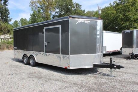 2021 HOMESTEADER 8.5  X 20  ENCLOSED CAR HAULER TRAILER FOR SALE, ROUND TOP WITH WEDGE NOSE, 2-5.2K ELECTRIC BRAKE AXLES, TORSION AXLES, 15  RADIAL TIRES, WHITE ALUMINUM WALL LINER, WHITE ALUMINUM CEILING LINER WITH NOSECAP AND REAR HEADER ENCLOSURE, NON-SKID 3/4  PLYWOOD FLOOR, NON-SKID RAMP AND FLAP (WASHABLE), (4) RECESSED FLOOR MOUNT D-RINGS, 12  ON CENTER CROSS MEMBERS, 12  ON CENTER WALL POSTS, 84  INTERIOR HEIGHT, GRAY ALUMINUM EXTERIOR (SCREWLESS), 24  HIGH POLISHED ALUMINUM SIDES, FLOW THRU SIDEWALL VENTS, LED LIGHTS, 24  STONE GUARD ON FRONT, REAR RAMP DOOR WITH SPRING ASSIST AND WOOD FLAP, BOGEY WHEELS (PAIR), 48  BONDED SIDE DOOR W/ FLUSH MOUNT LOCK AND BARLOCK, 12 VOLT LED DOME LIGHT, 2-5/16  ADJUSTABLE COUPLER, 8K DROPLEG JACK, 72  TRIPLE TUBE TONGUE.